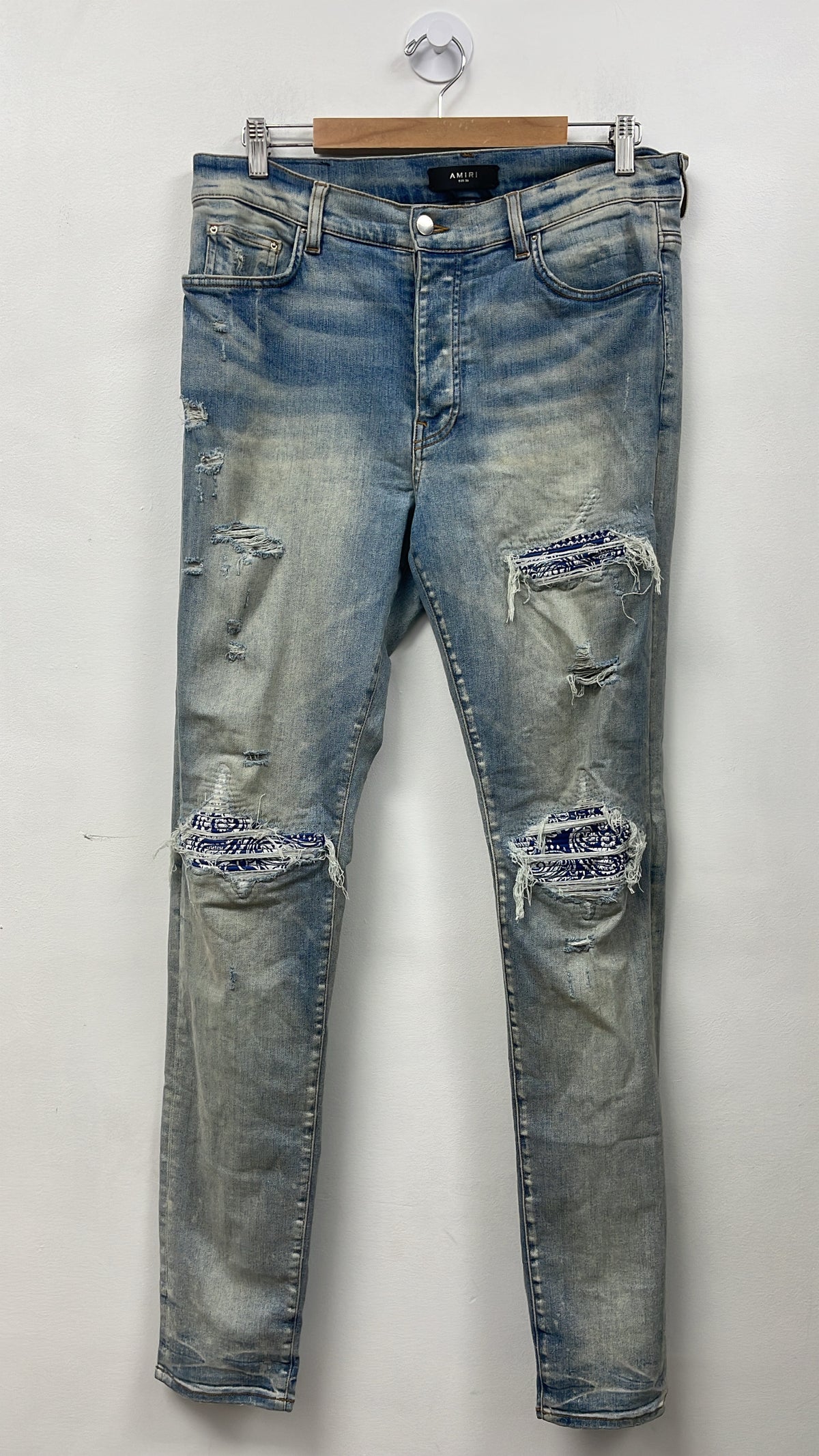 Amiri MX1 Light Wash Blue Bandana Patch Jeans