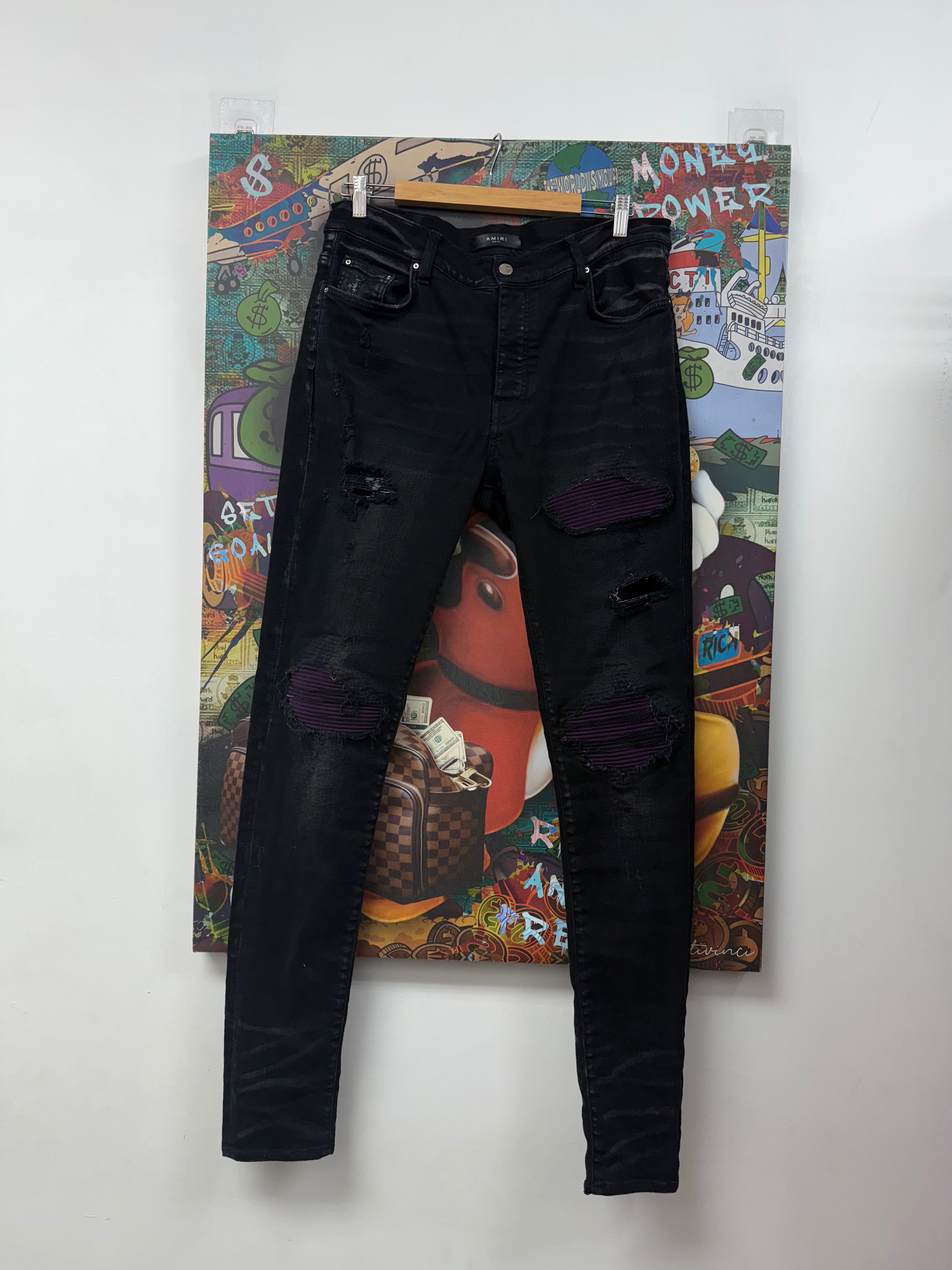 Amiri MX1 Black Wash Purple Suede Patch Jeans