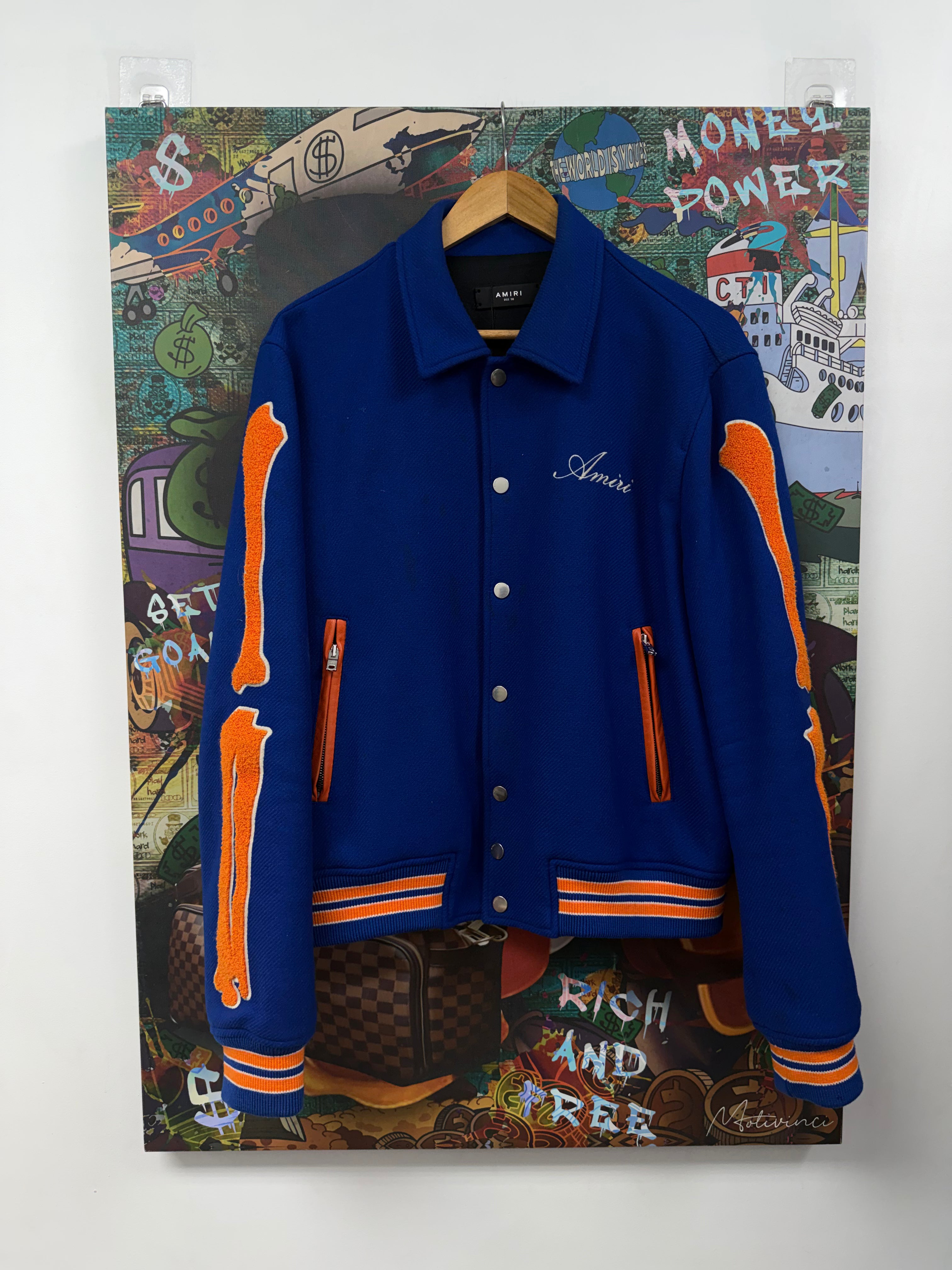 Amiri Blue Orange Bones (50) Varsity Jacket