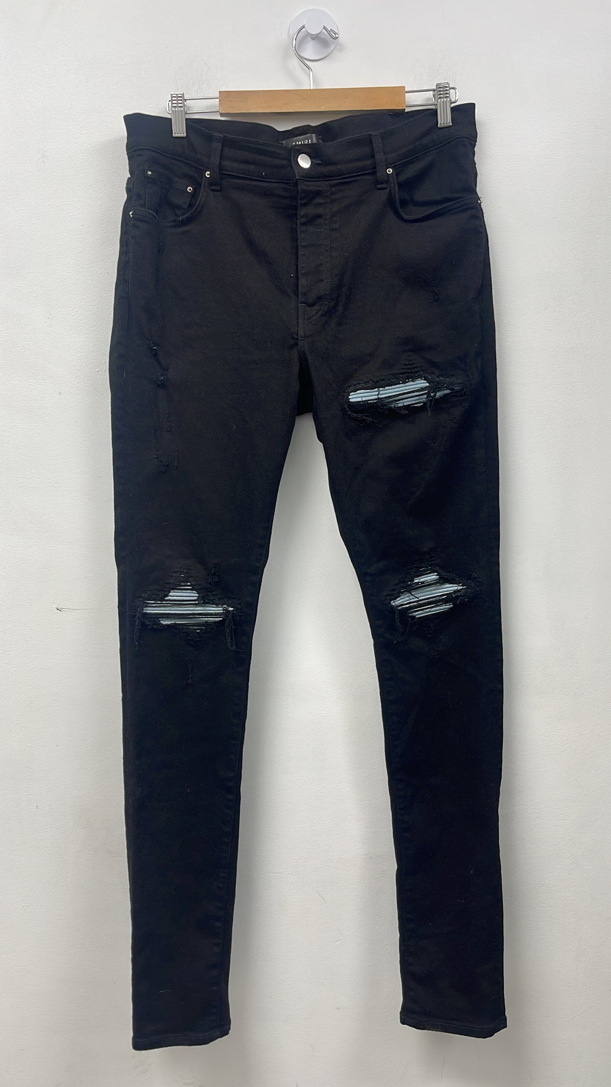 Amiri MX1 Black Baby Blue Patch Jeans