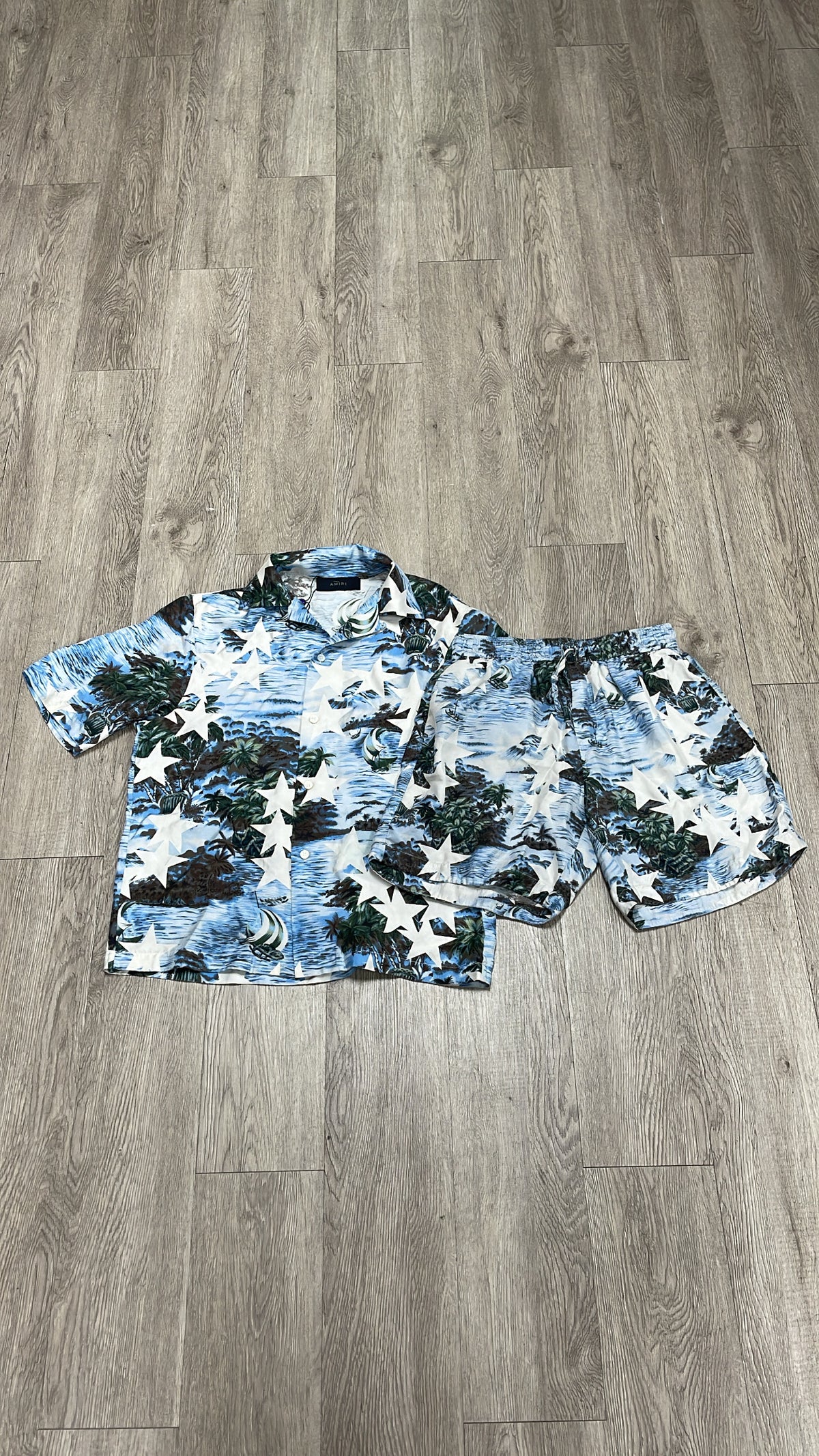 Amiri Blue Hawaiian Star Silk Short Set