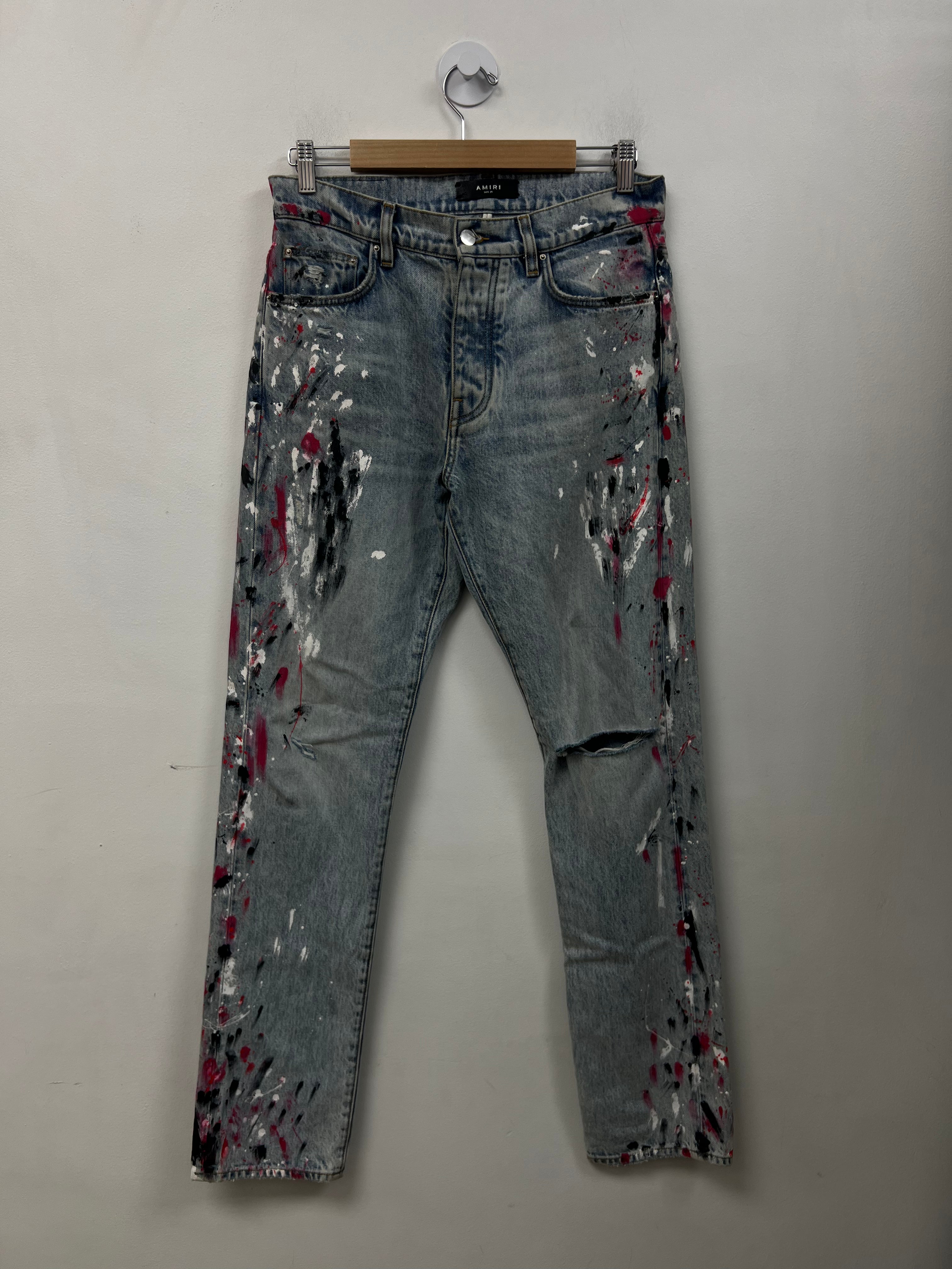 Amiri Light Wash White Red Black Splatter Straight Leg Jeans