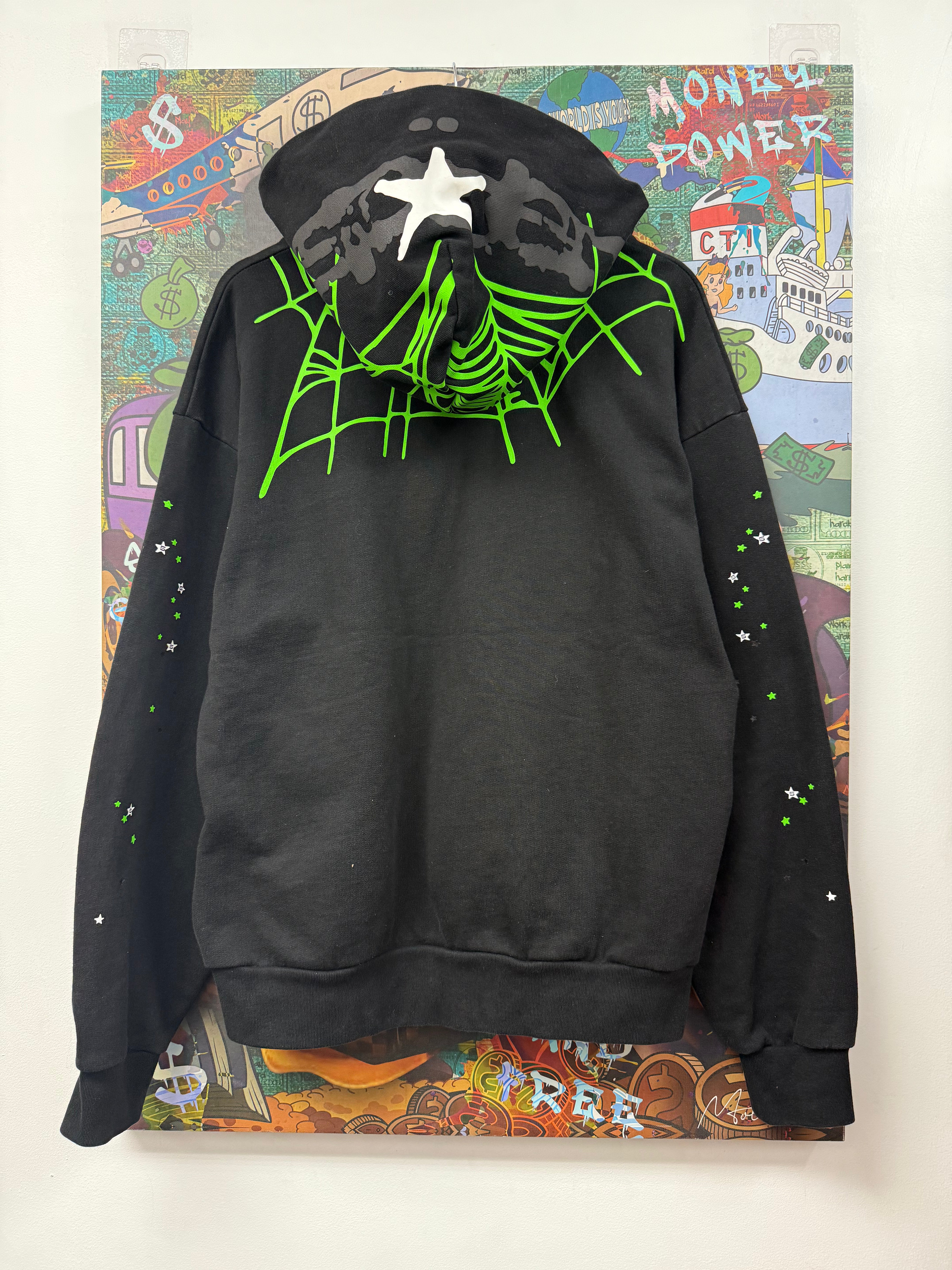 Sp5der Pullover Black Green Heavy Web Hoodie