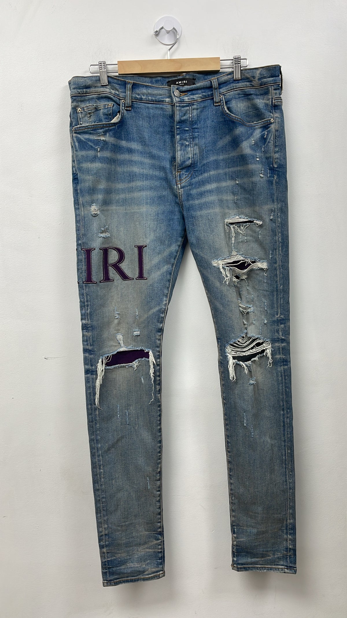 Amiri Light Wash Purple Serif Side Logo Jeans