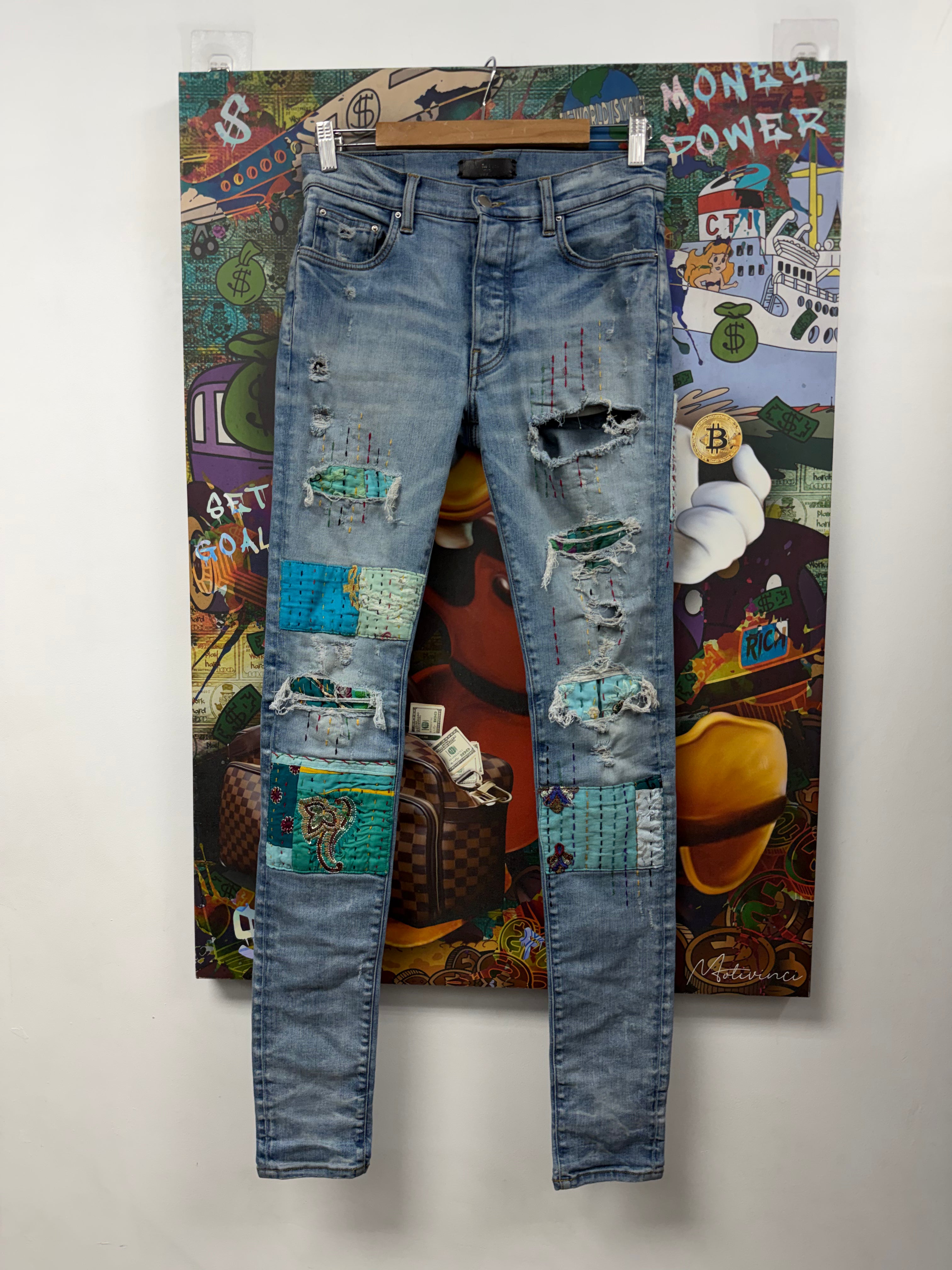 Amiri Light Wash Teal Patchwork Jeans