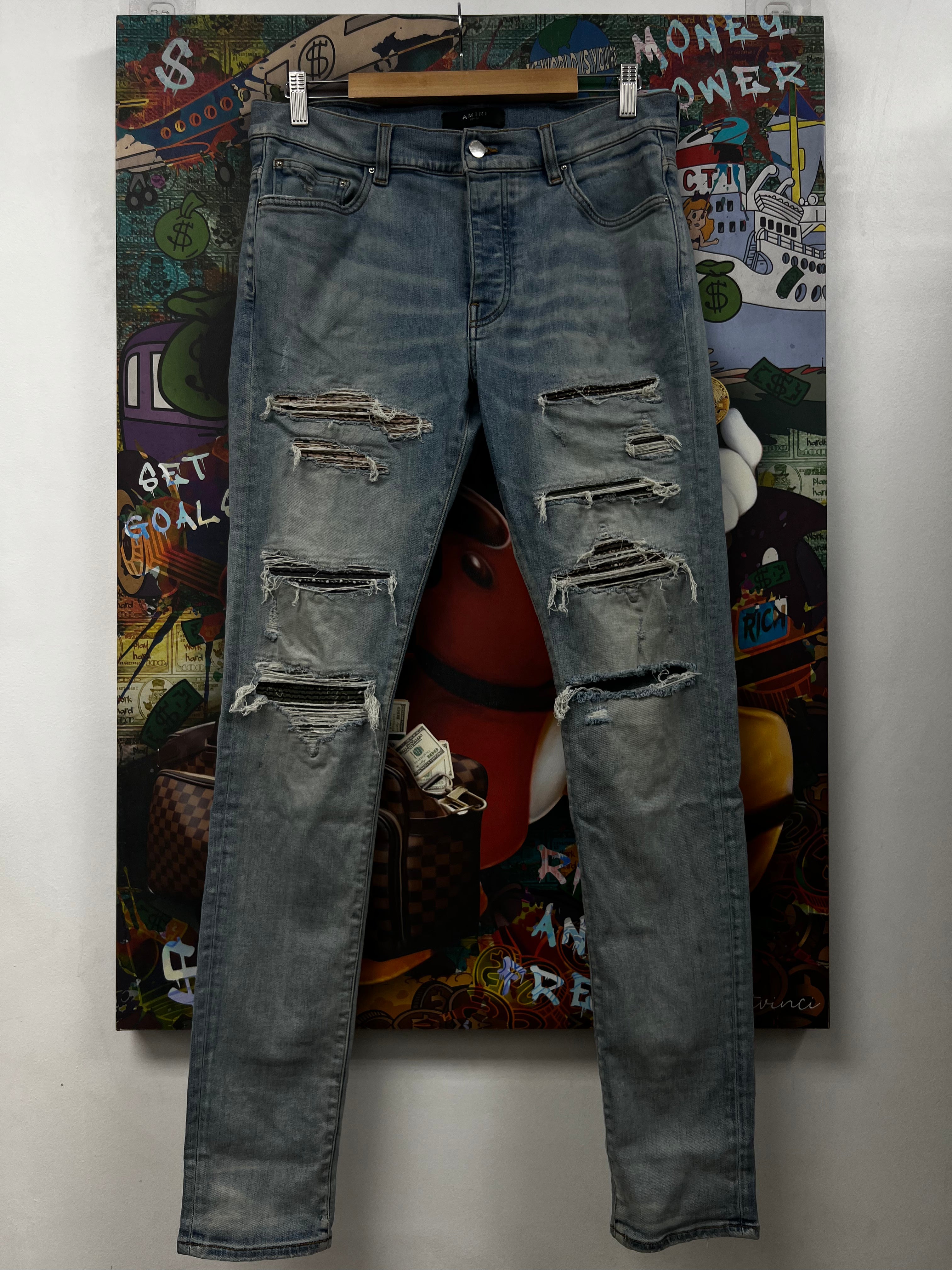 Amiri Light Wash Tan Olive Brown Paisley Thrasher Patch Jeans
