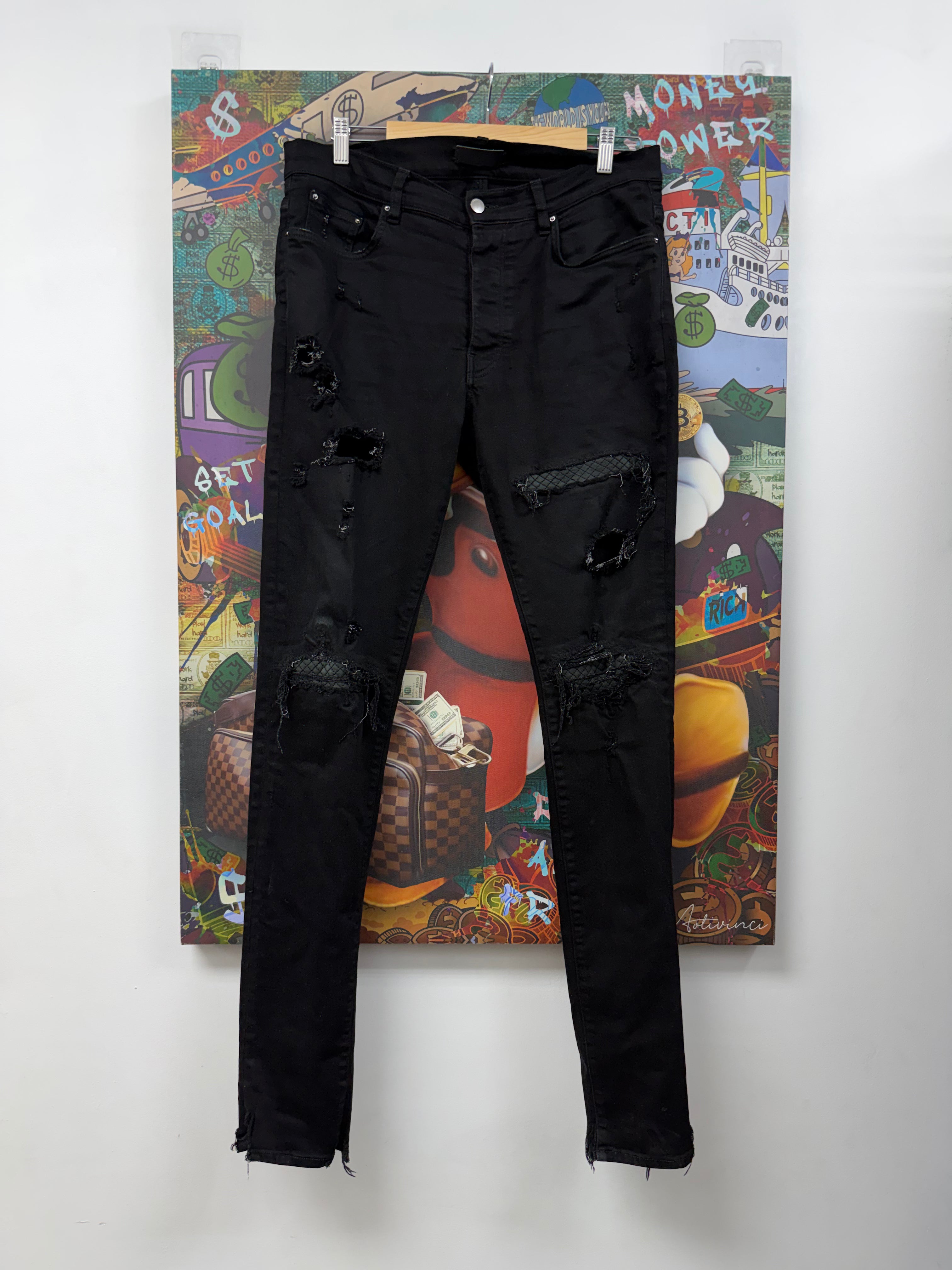 Amiri Black Leather Quilted Patch Jeans