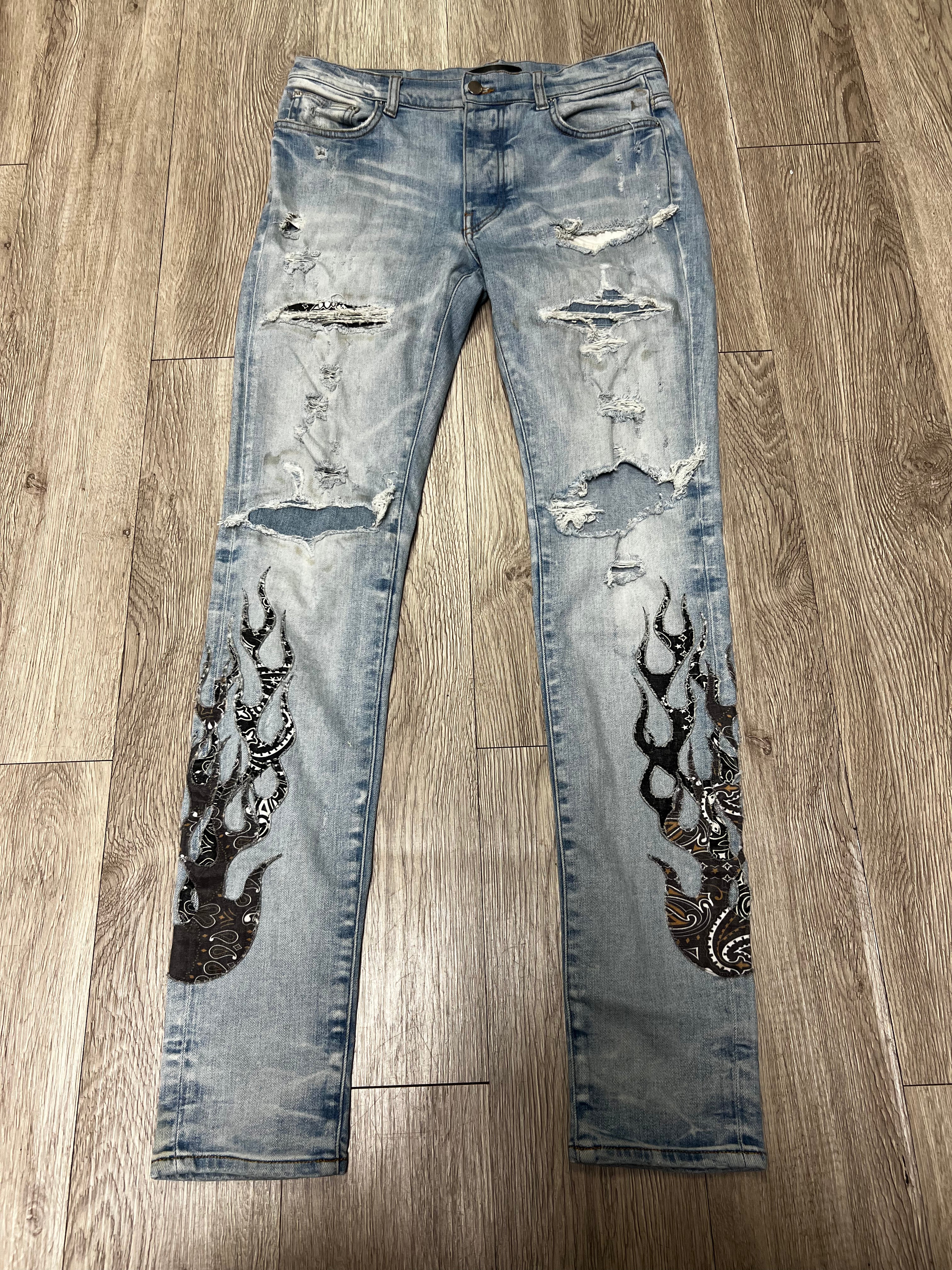 Amiri Light Wash Paisley Flames Jeans