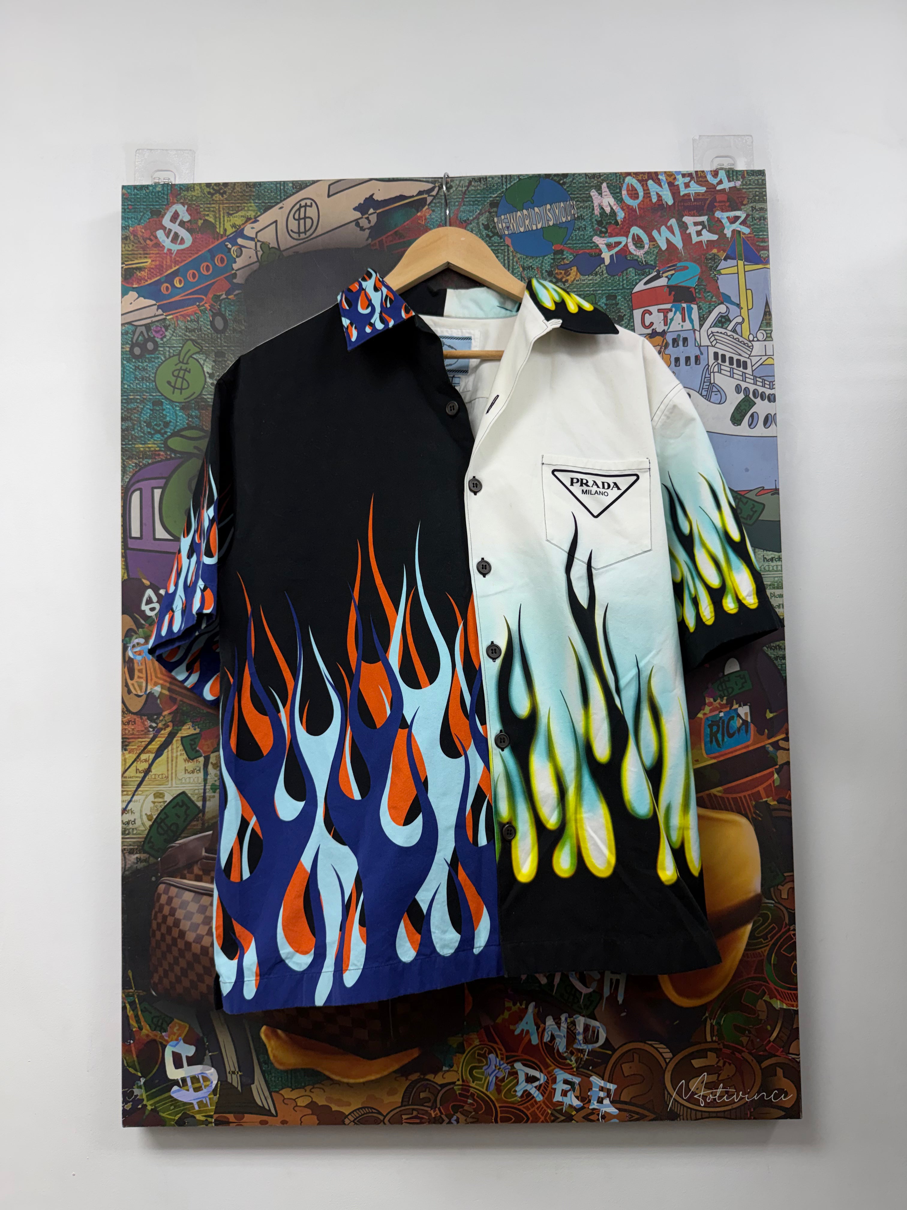 Prada White Teal Black Orange Flaames Double Match Button Up