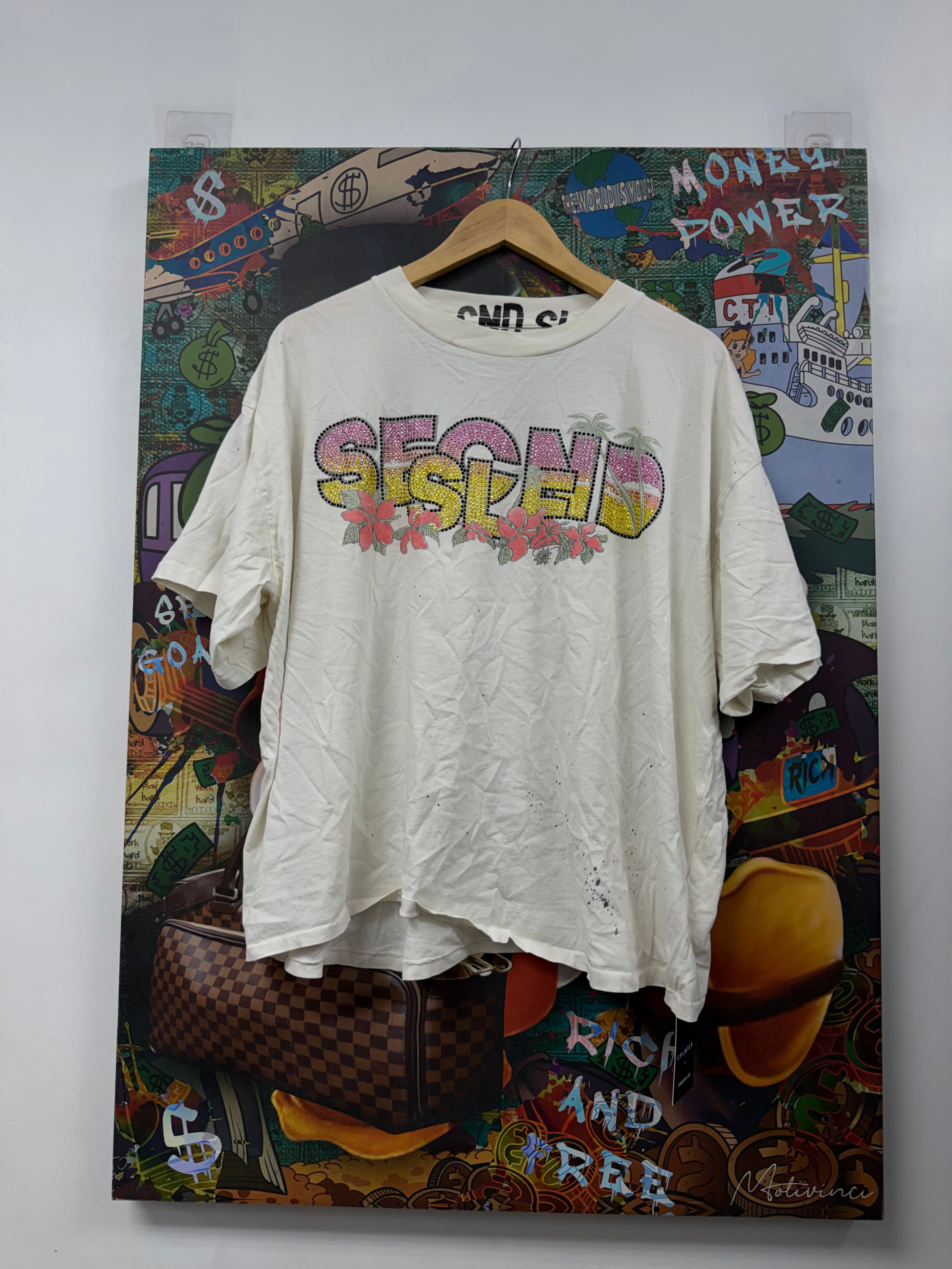 Secndslf Cream Pink Yellow Rhinestone Tee