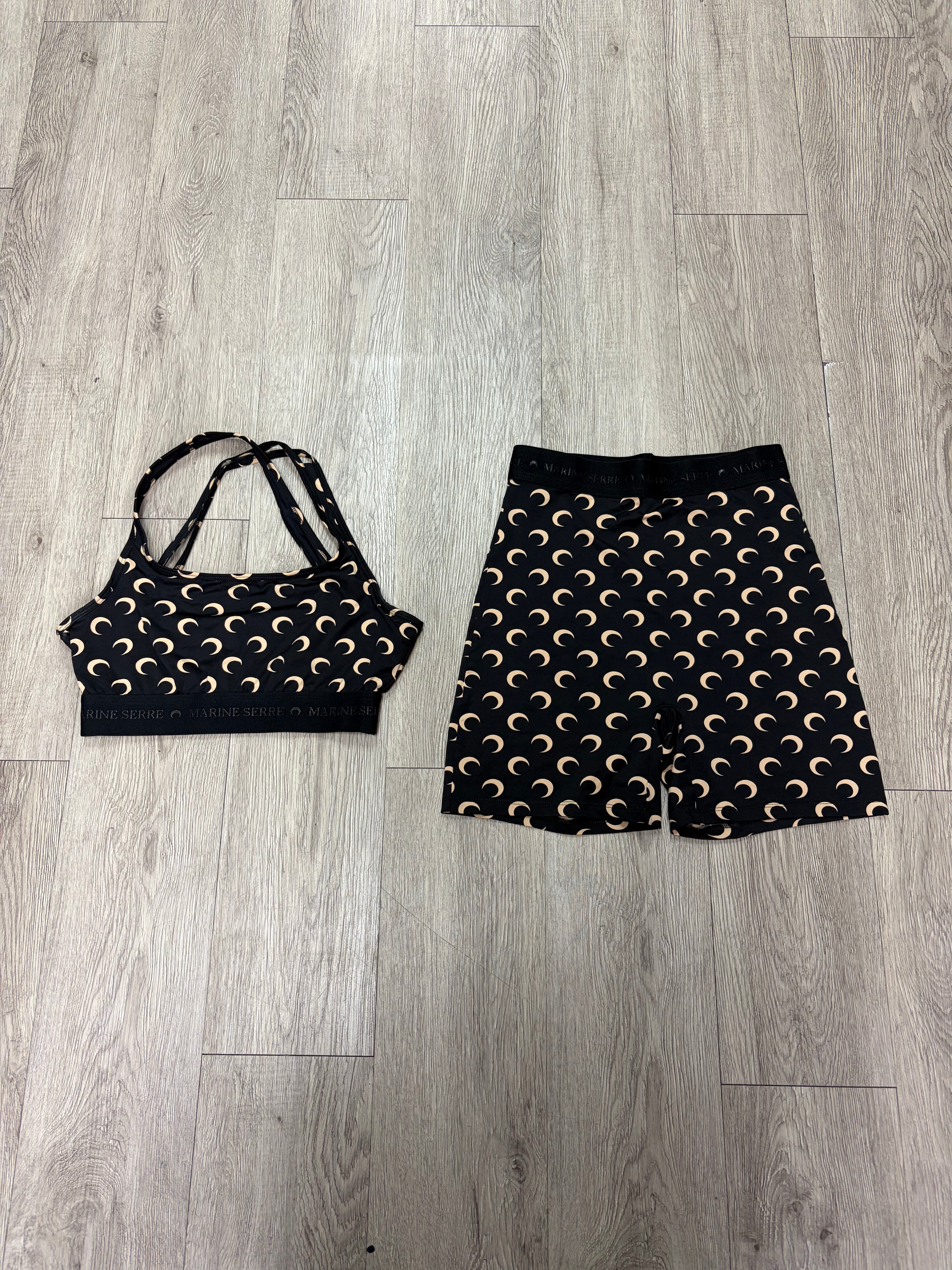 Marine Serre Black Cream Sports Bra & Shorts Set