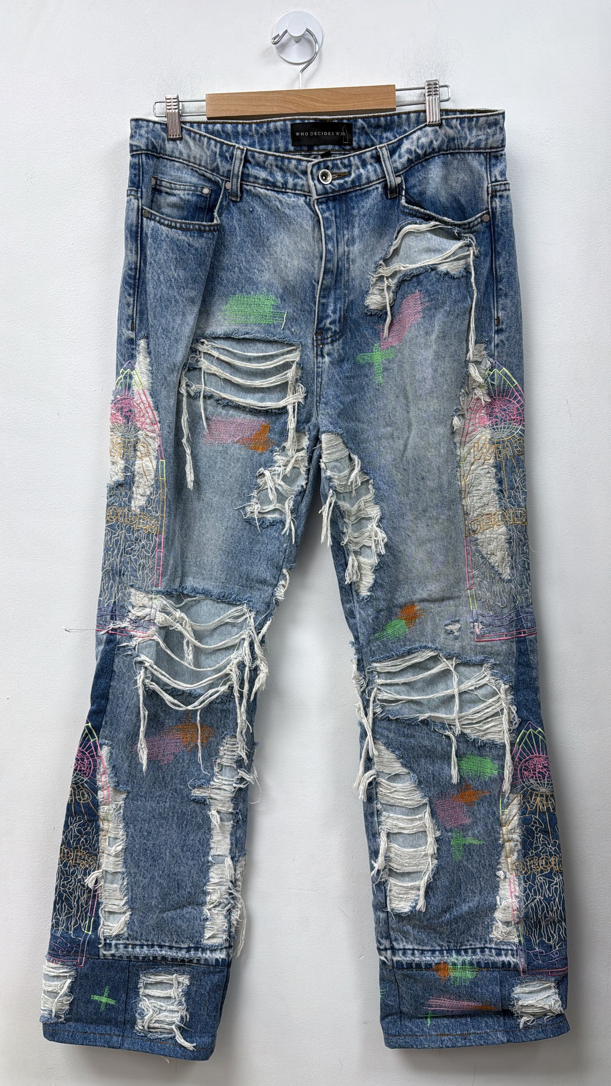 Who Decides War Light Wash Pink Neon Ditsressed Denim Jeans