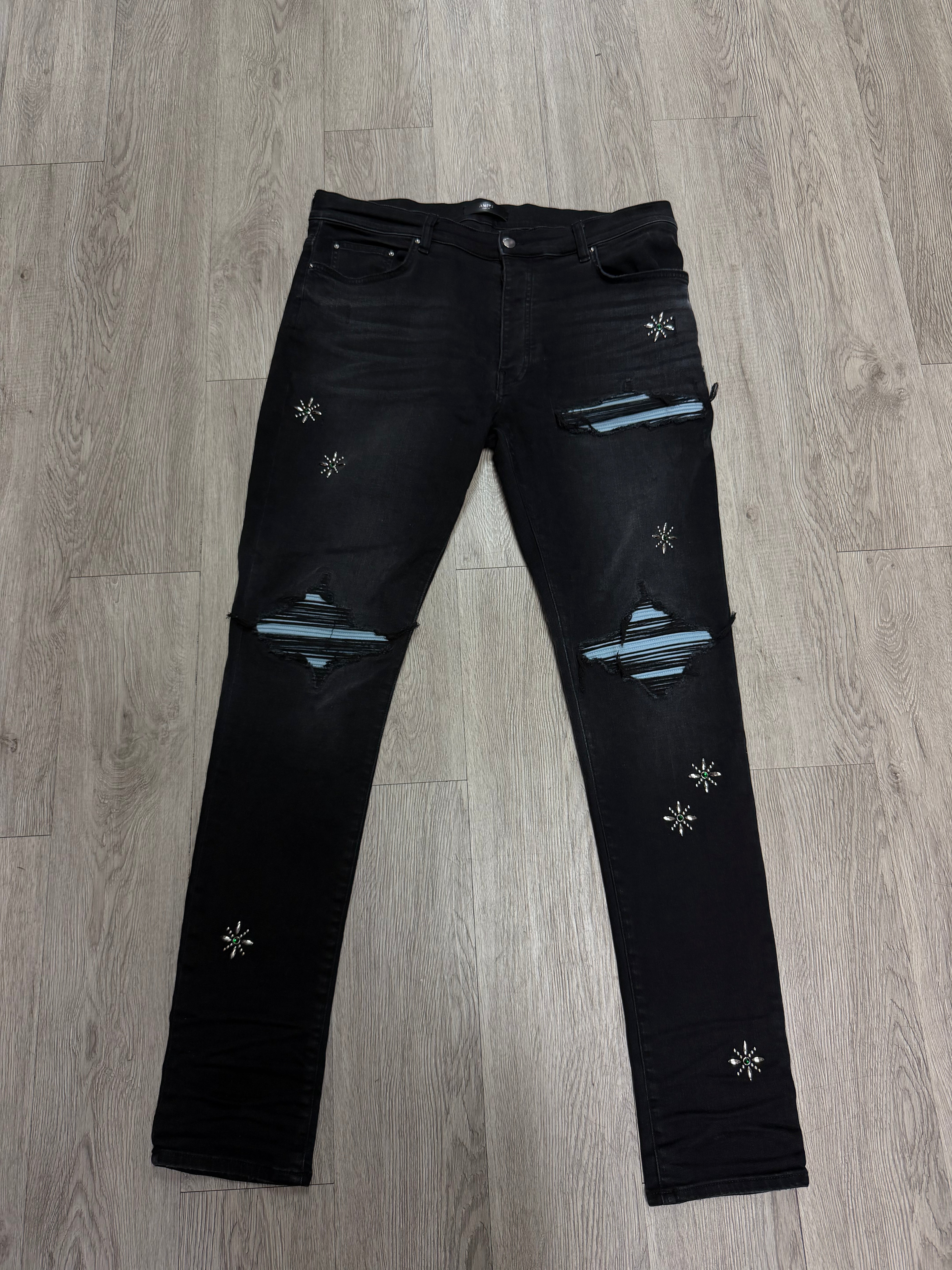 Amiri MX1 Black Baby Blue Suede Studd Patch Jeans