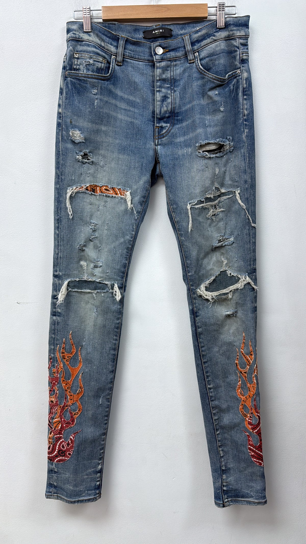 Amiri Light Wash Orange Red Bandana Flames Jeans