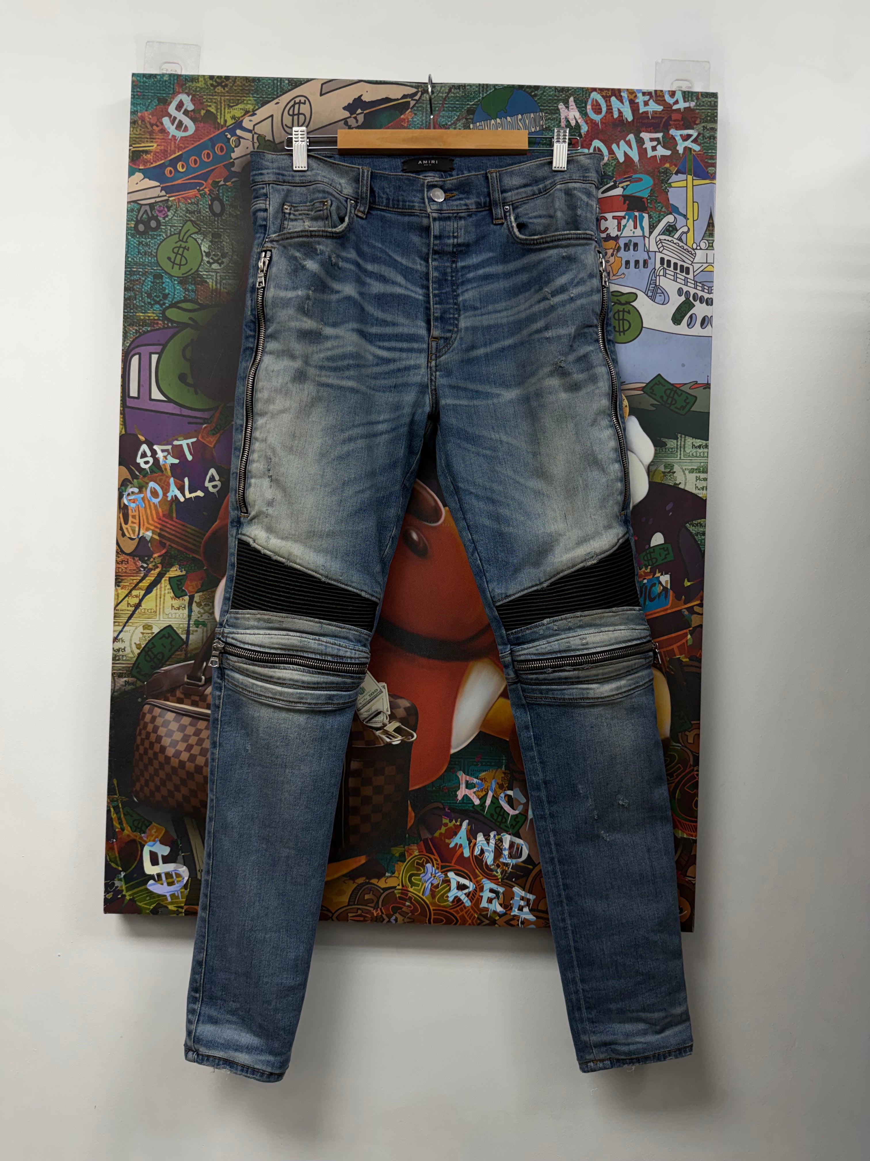 Amiri MX2 Light Wash Black Leather Patch Jeans