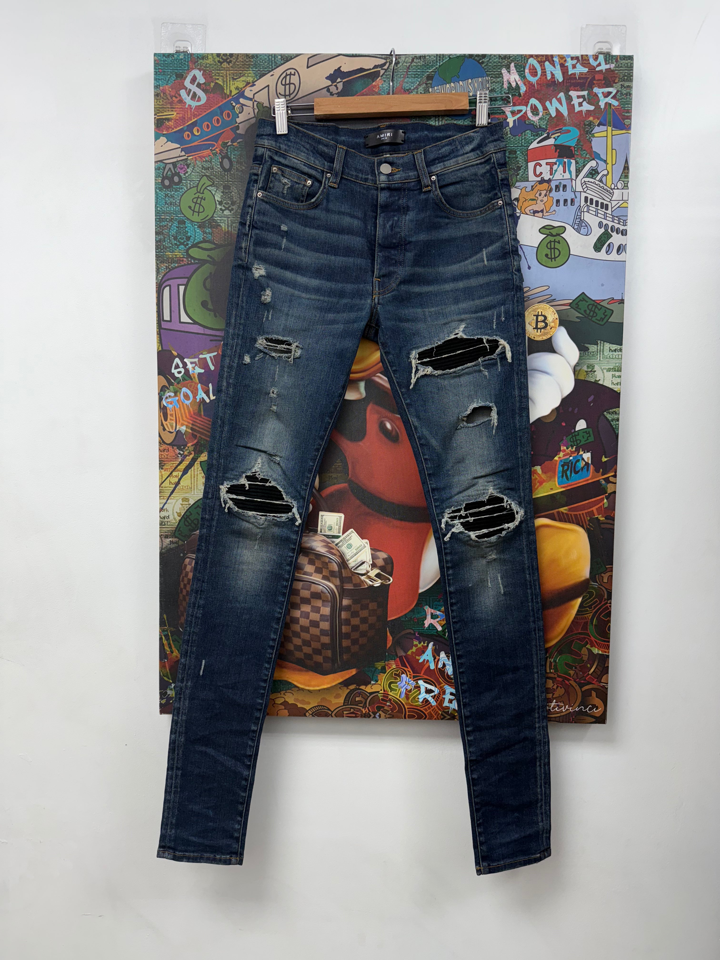 Amiri MX1 Deep Classic Black Suede Patch Jeans