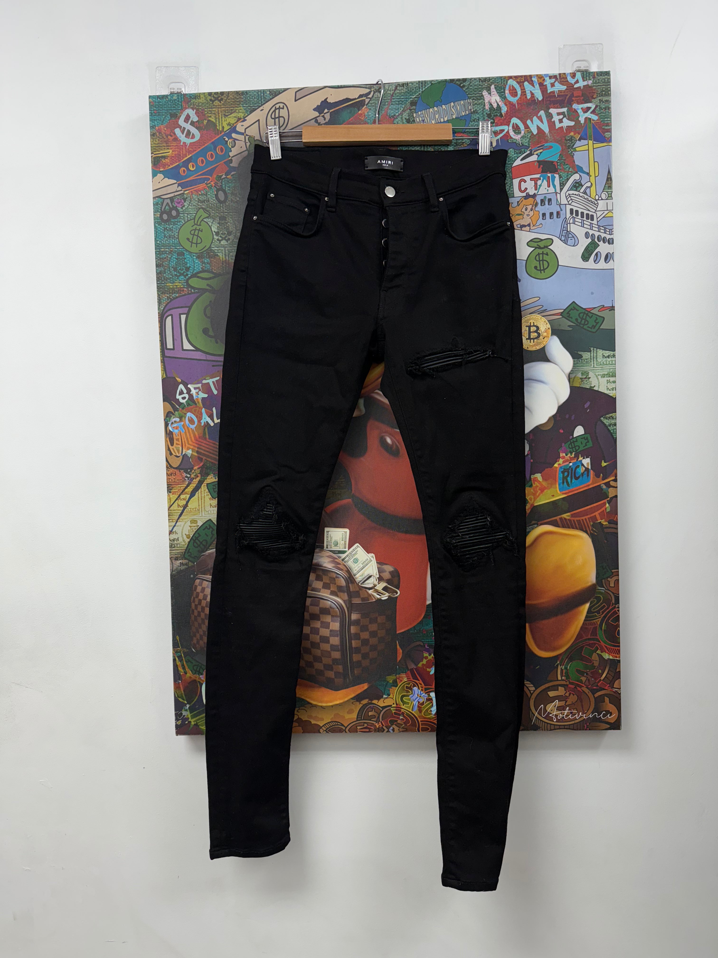 Amiri MX1 Black Black Leather Patch Jeans