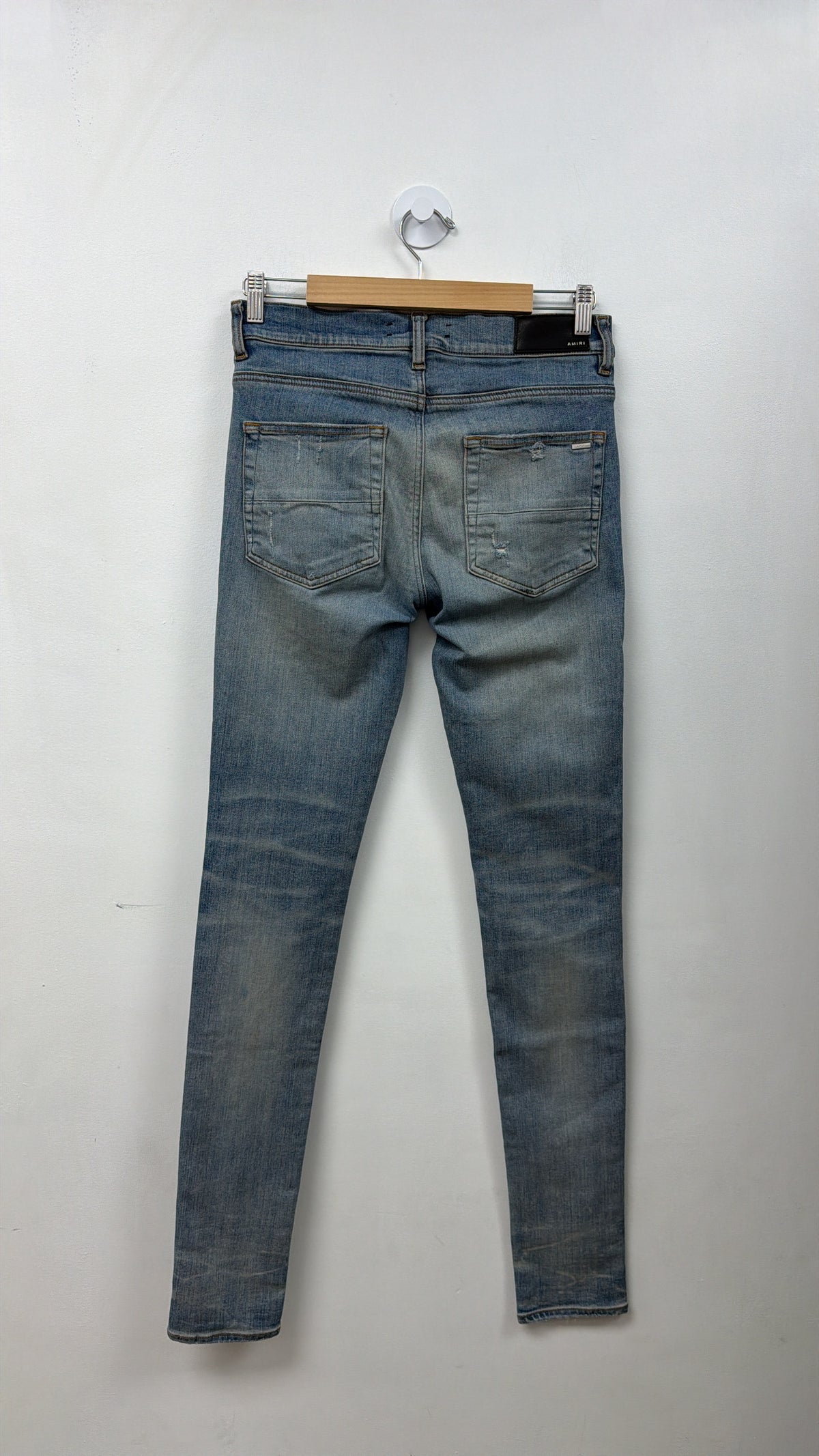 Amiri MX1 Light Wash Pink Suede Patch Jeans