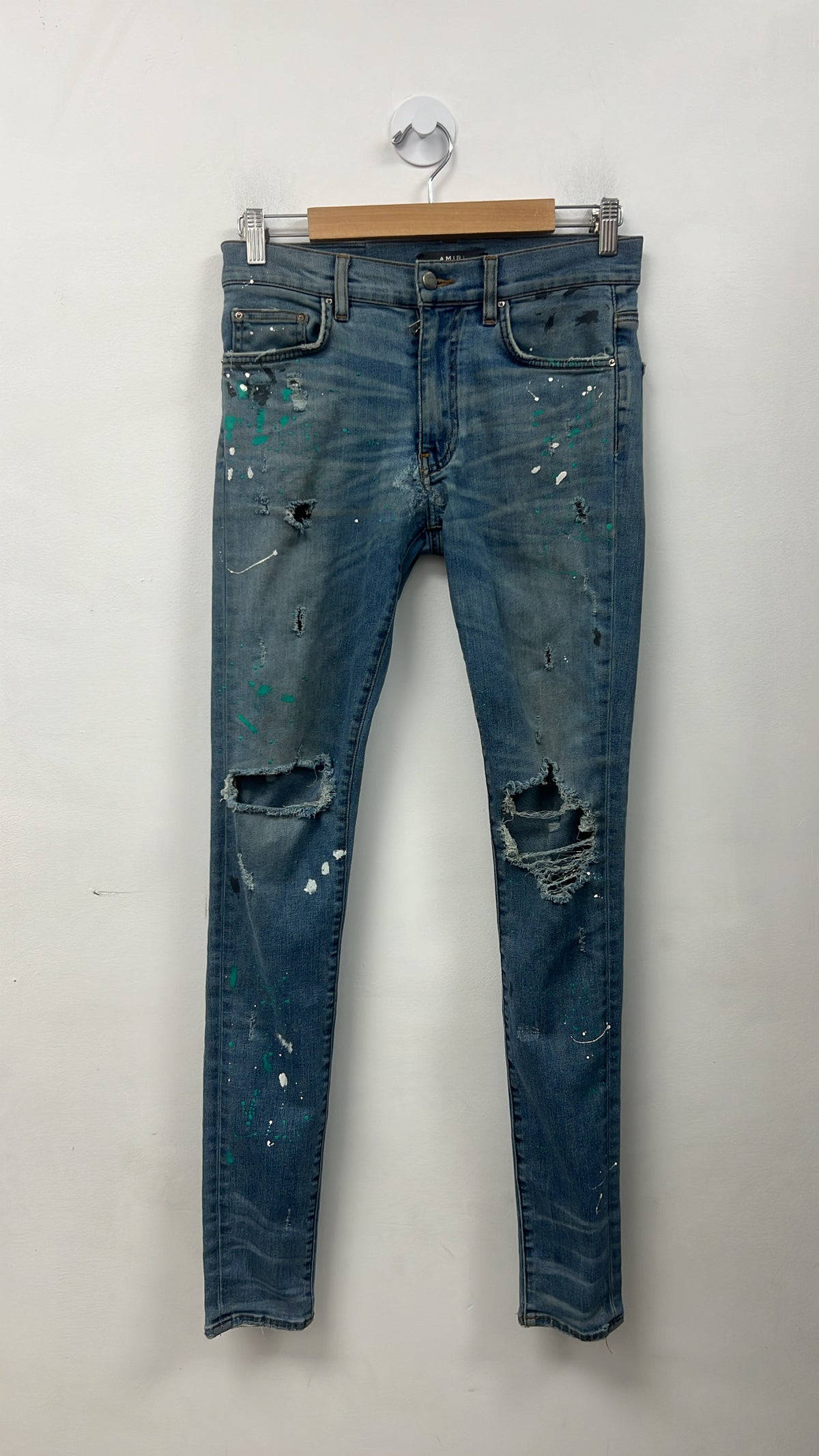 Amiri Light Wash Teal Splatter (Repaired Crotch) Jeans