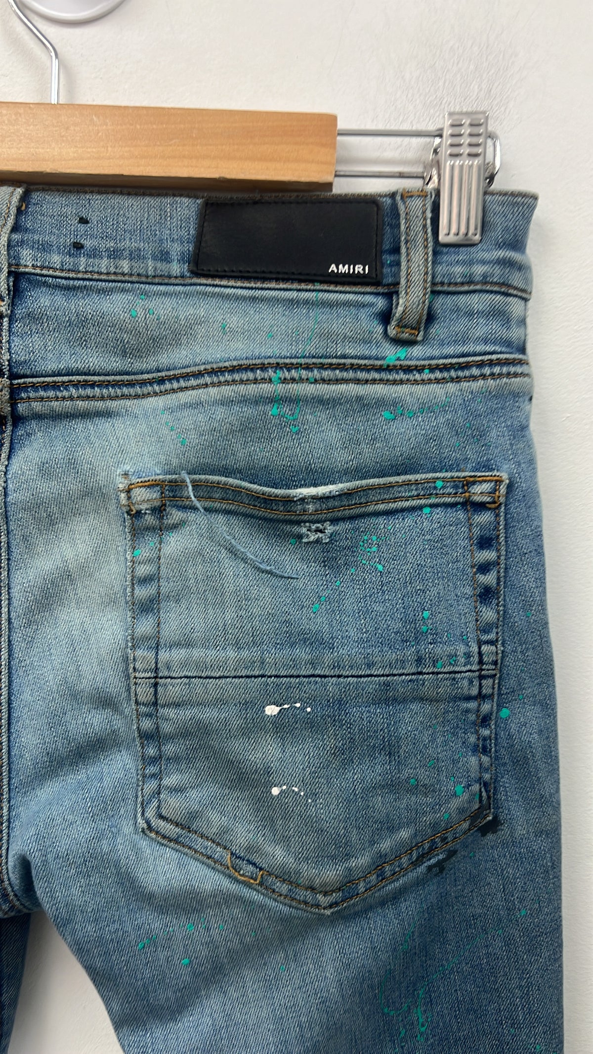Amiri Light Wash Teal Splatter (Repaired Crotch) Jeans