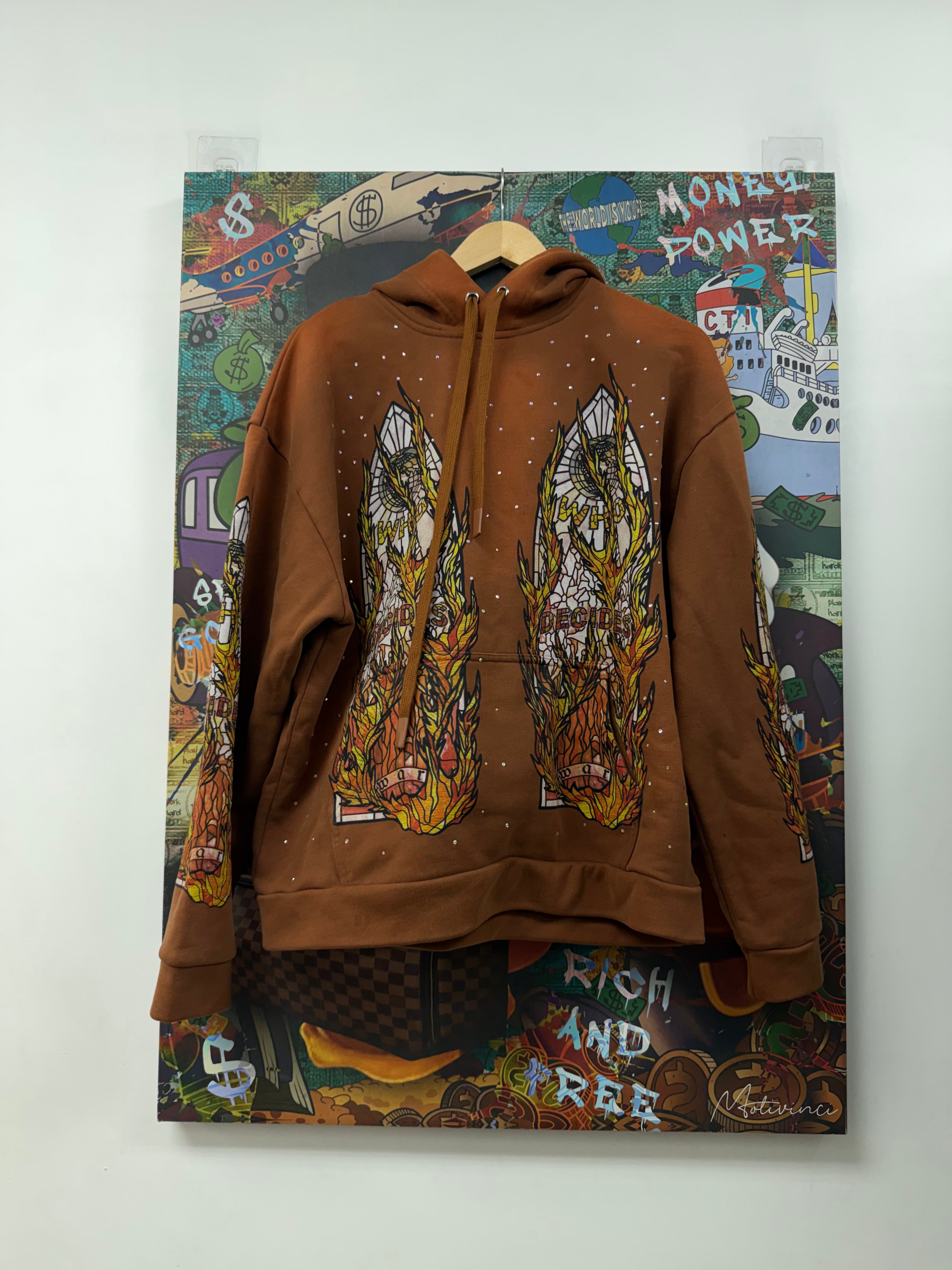 Who Decides War Brown Flames Glass Hoodie