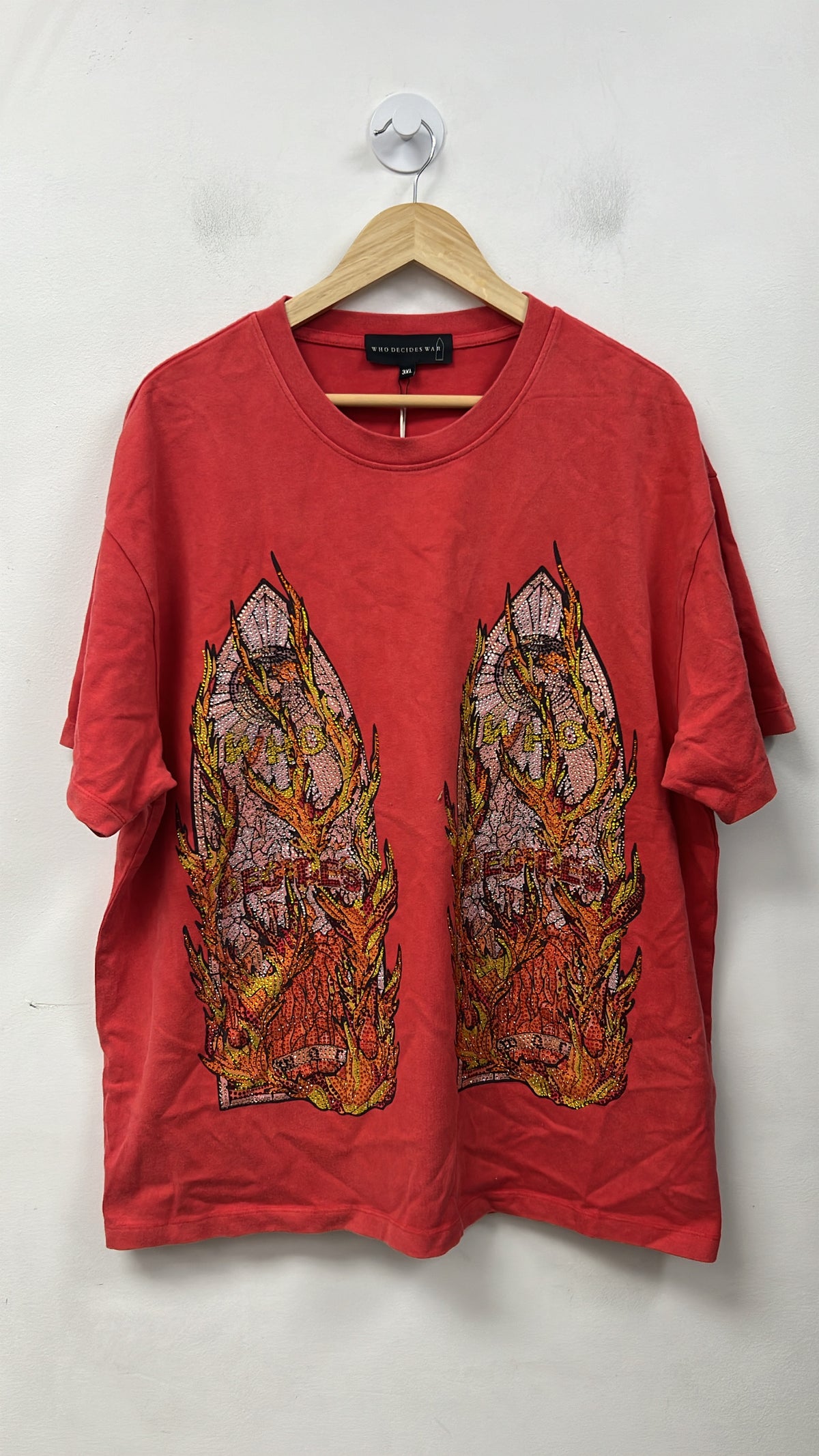 Who Decides War Red Flame Glass Rhinestone Tee