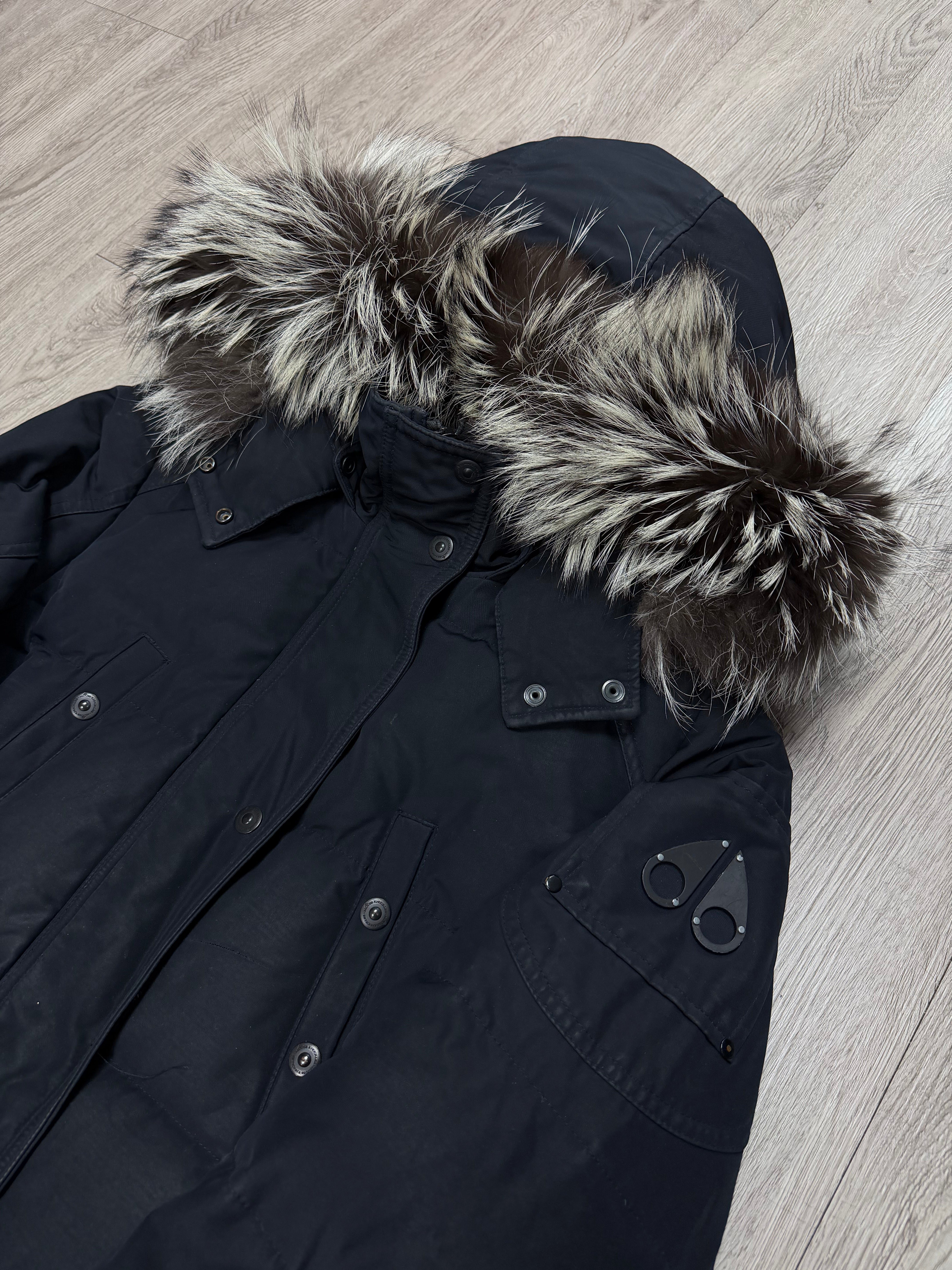 Moose Knuckles Female's Long Coat Navy Fur Used Medium