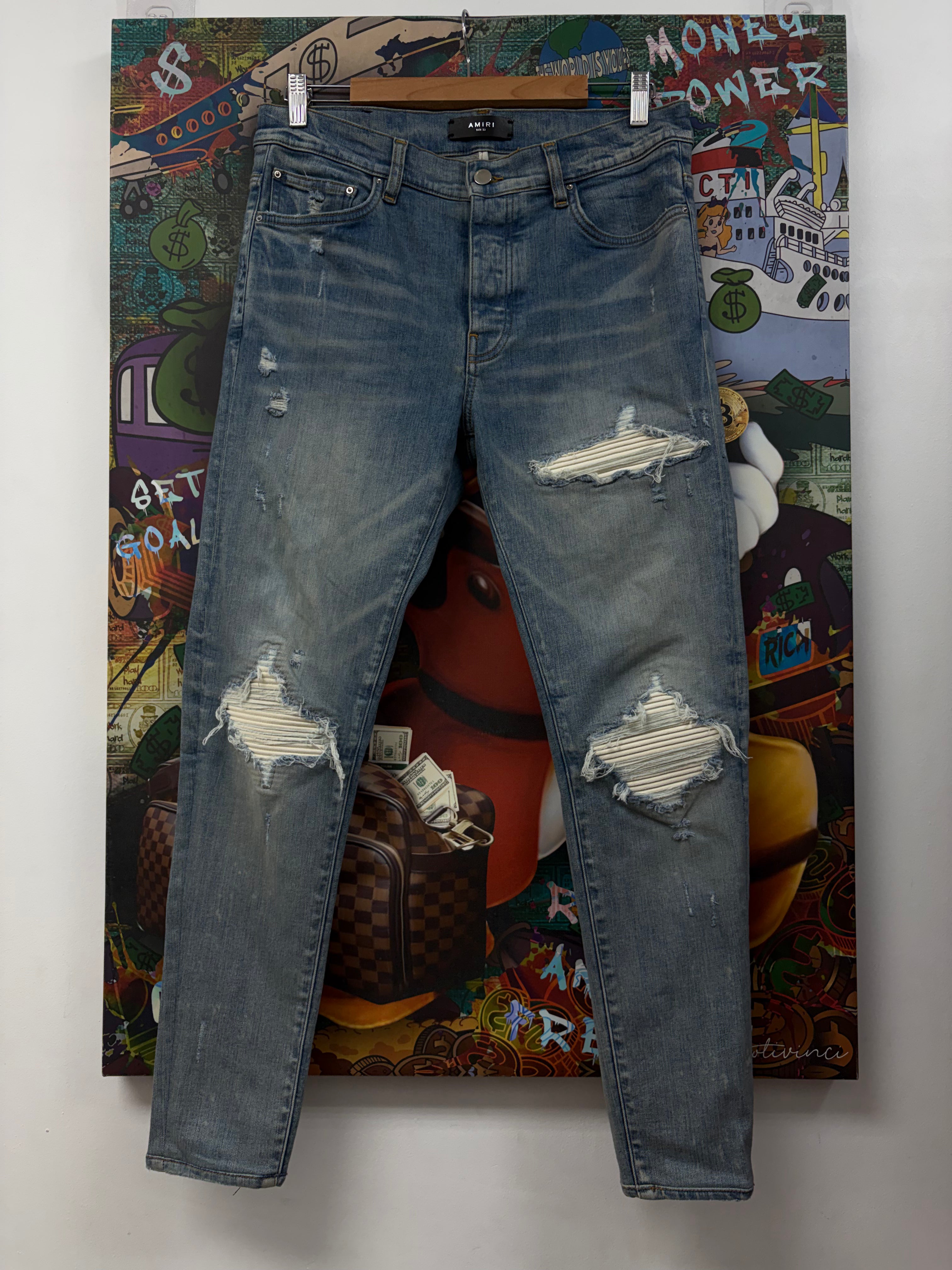 Amiri MX1 Light Wash White Patch (Tailored Short) Jeans