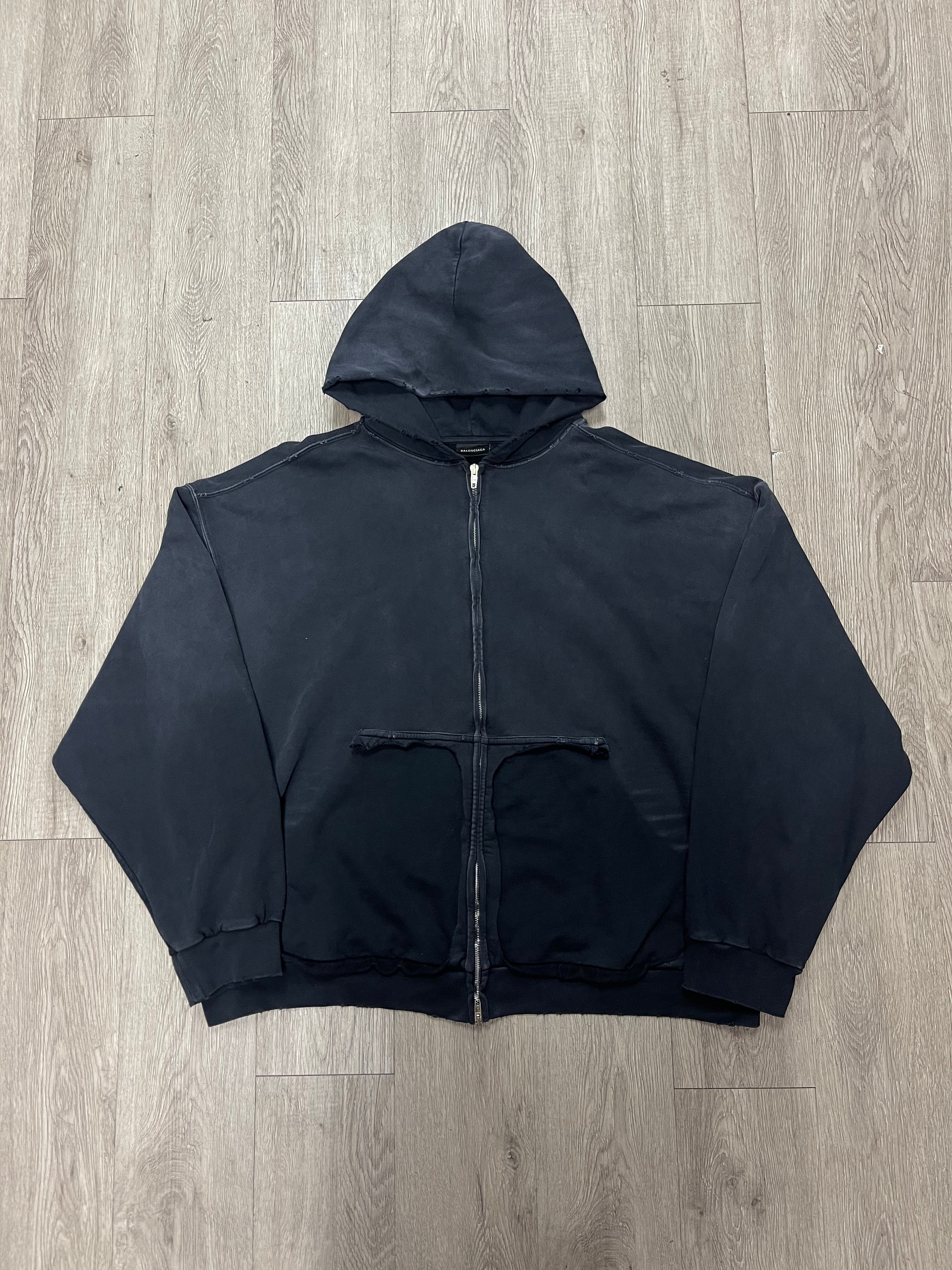 Balenciaga Black Distressed Yellow Tape Zip Up Hoodie