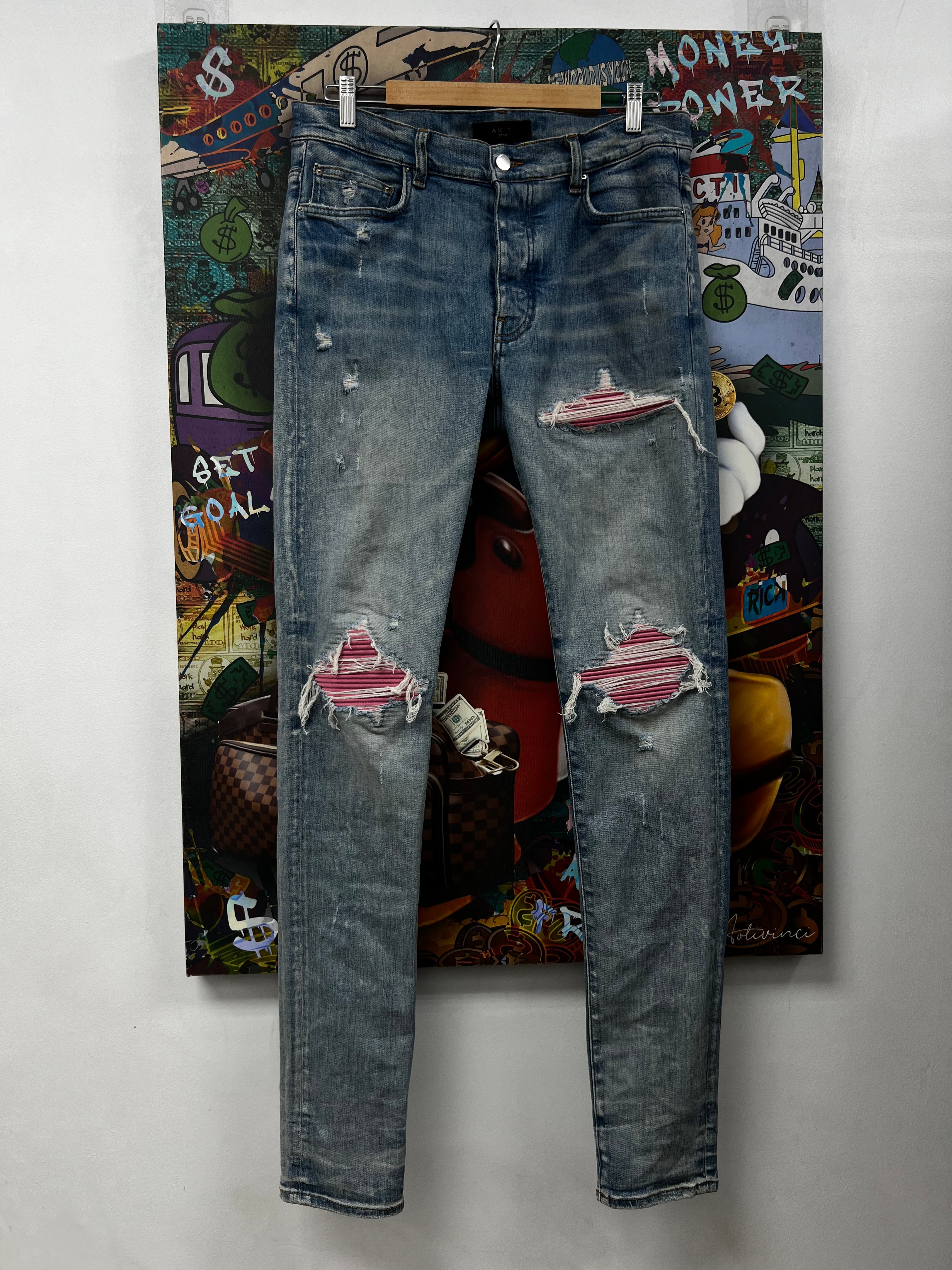 Amiri MX1 Light Wash Pink Patch Jeans