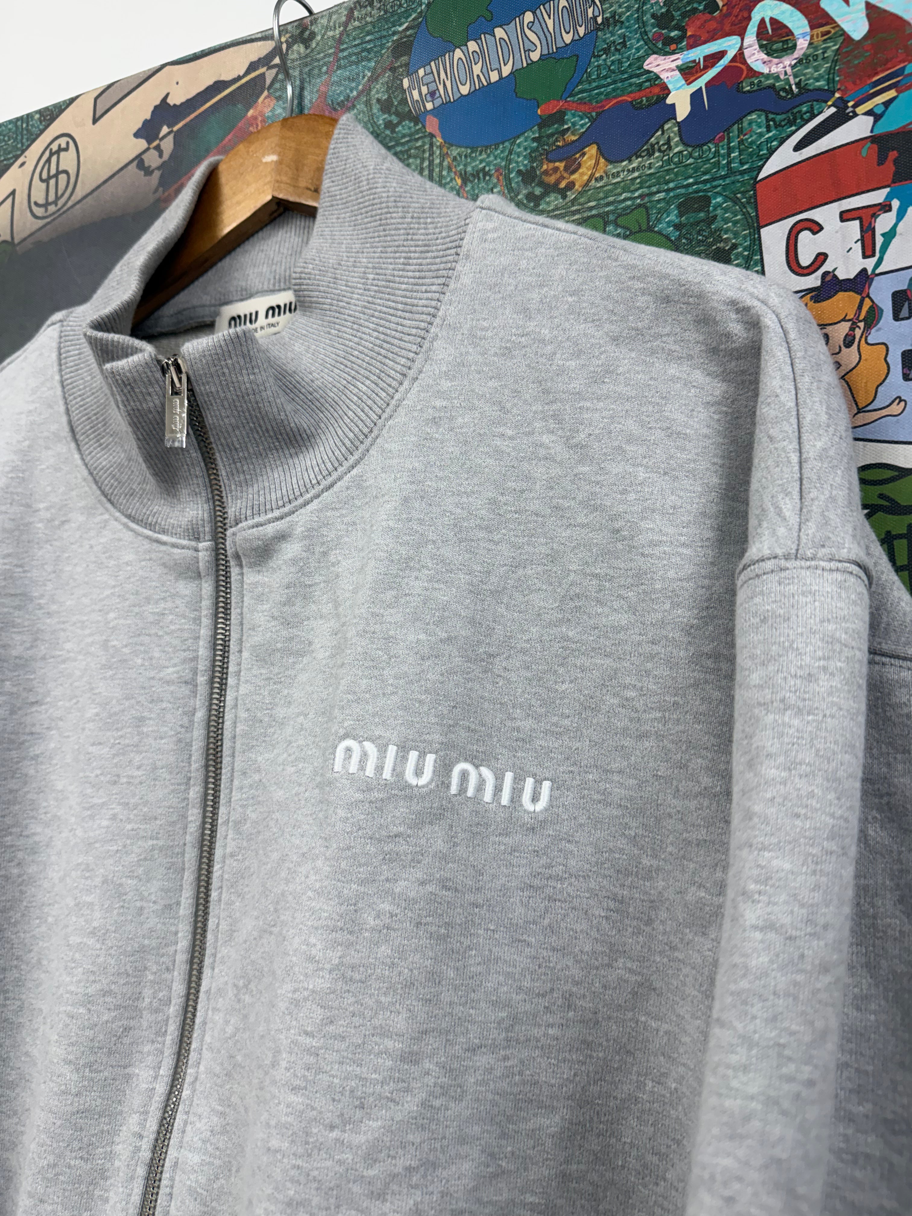 Miu Miu Grey White Embroidered Zip Up
