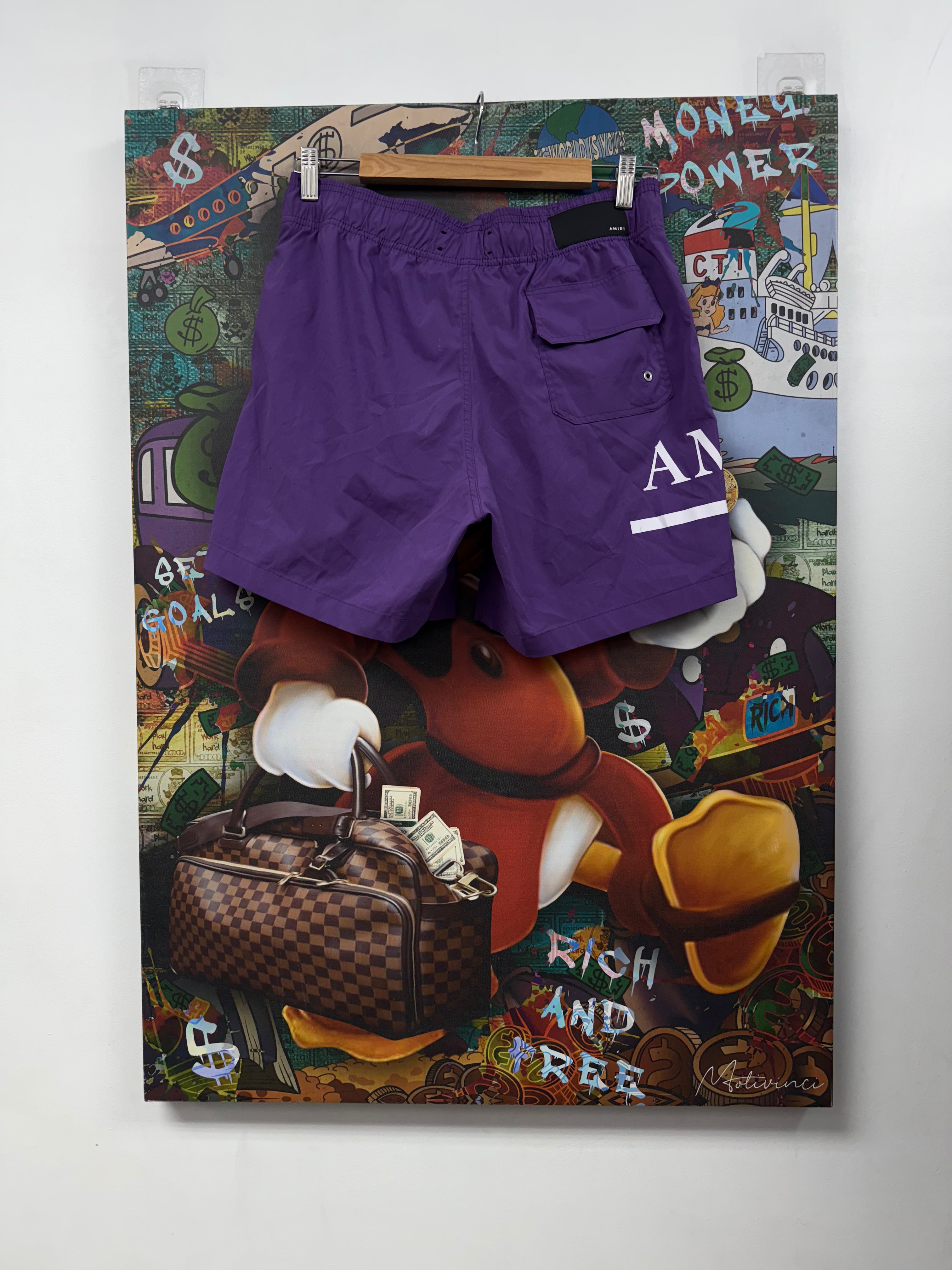 Amiri Purple White Bar MA Logo Swim Trunks
