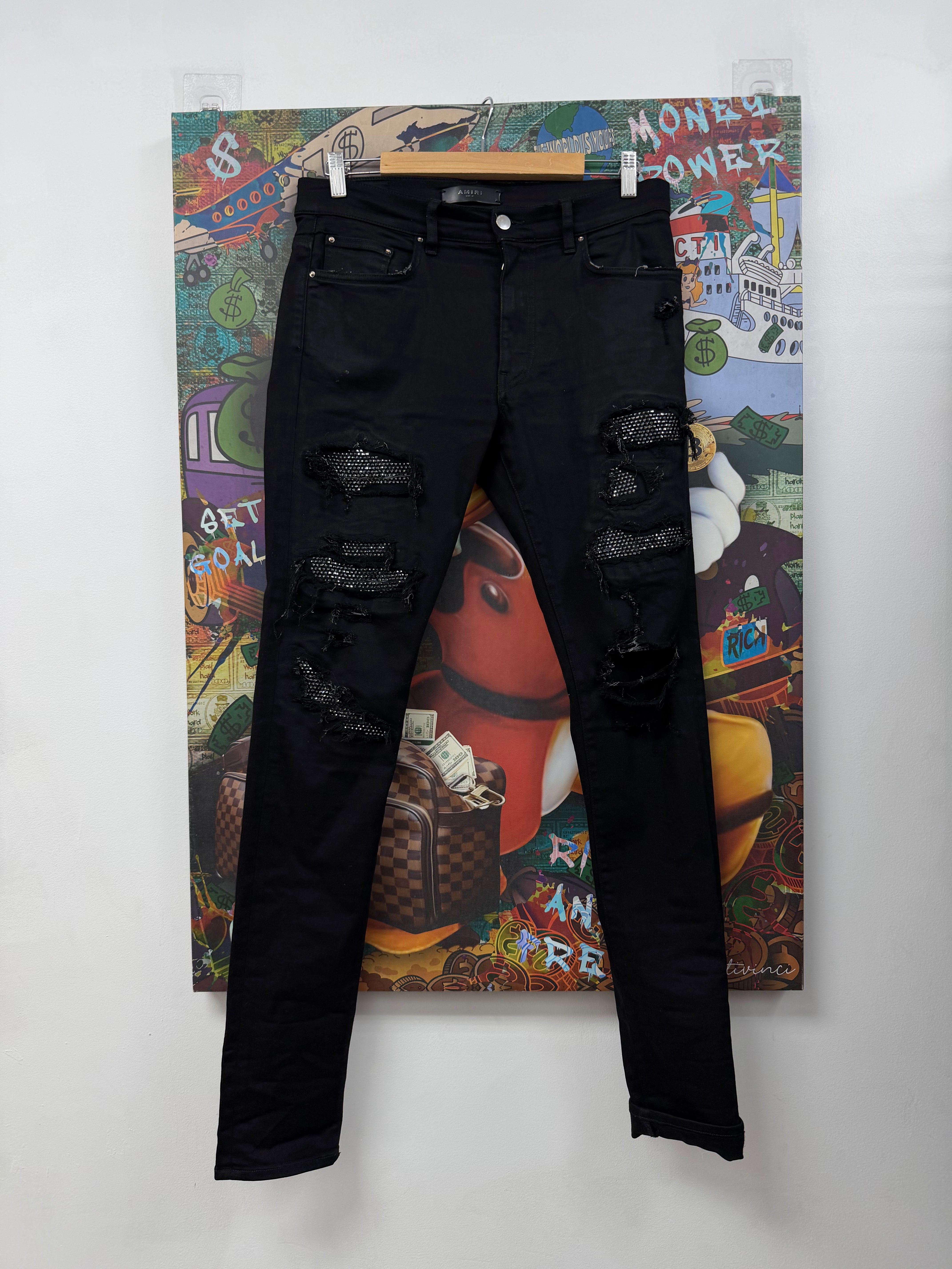 Amiri Black Swarovski Crystal Thrasher Patch (Old Season Zipper) Jeans