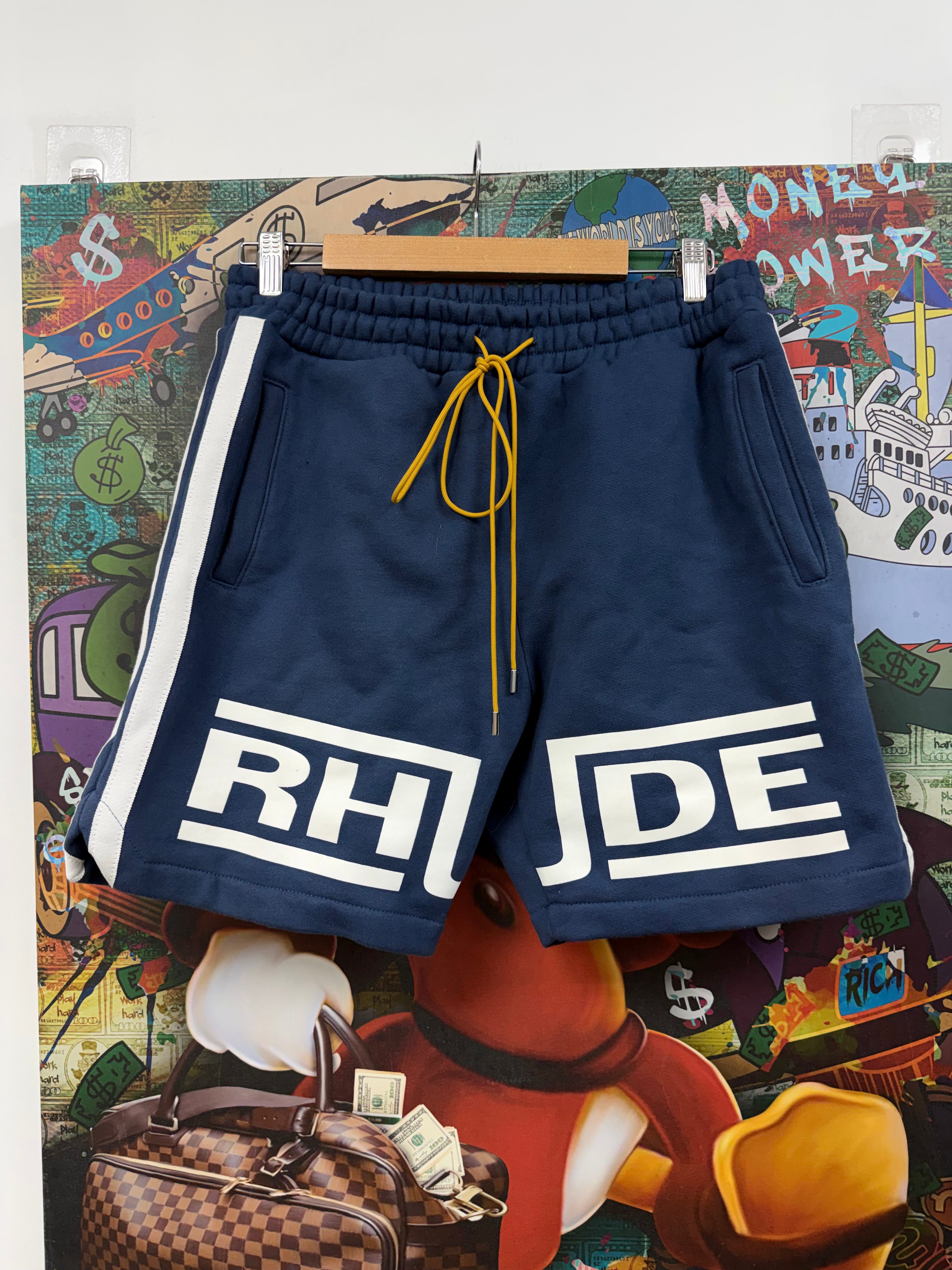 Rhude Navy White Logo Shorts