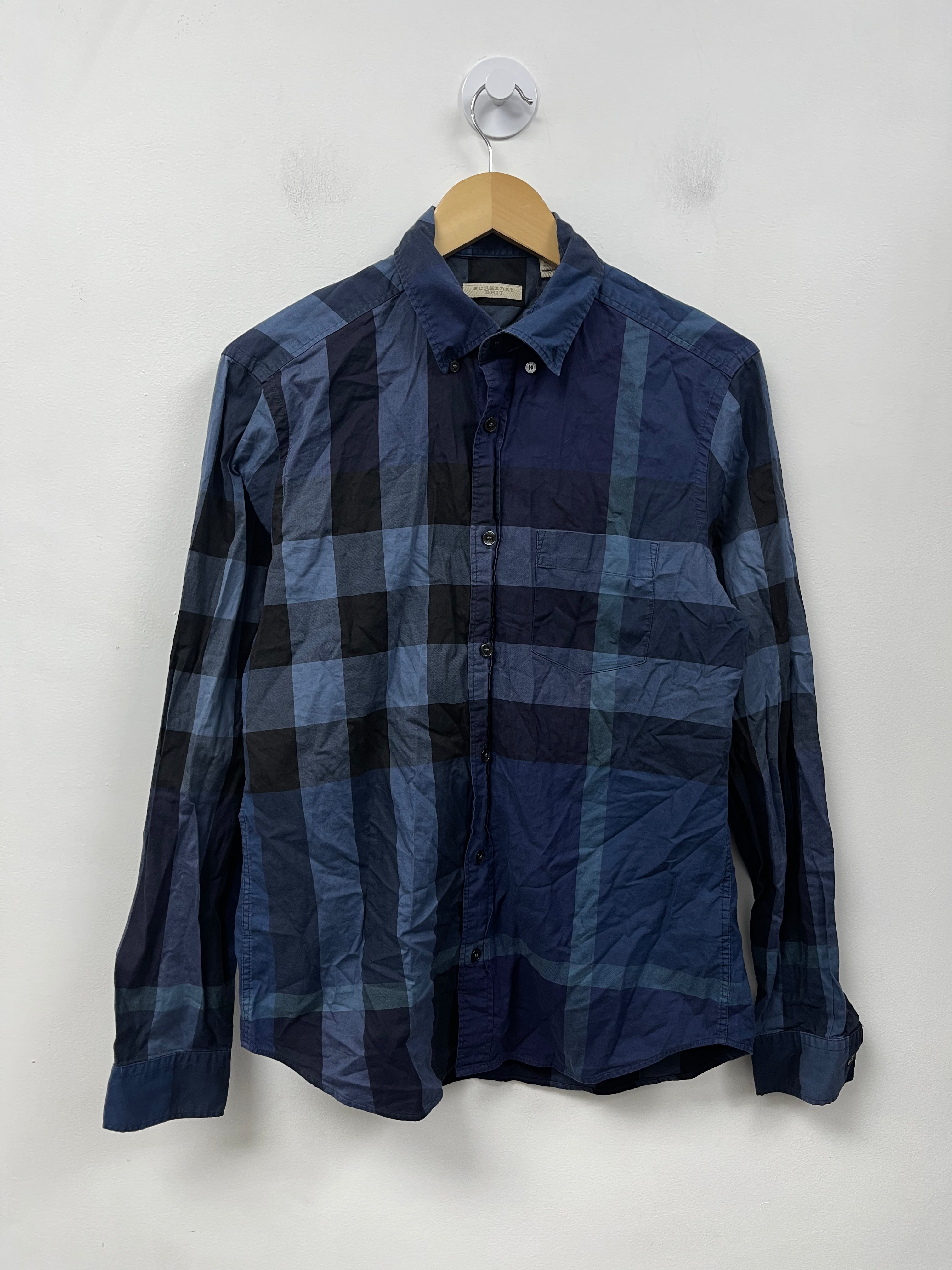 Burberry Navy Plaid Monogram Button Up