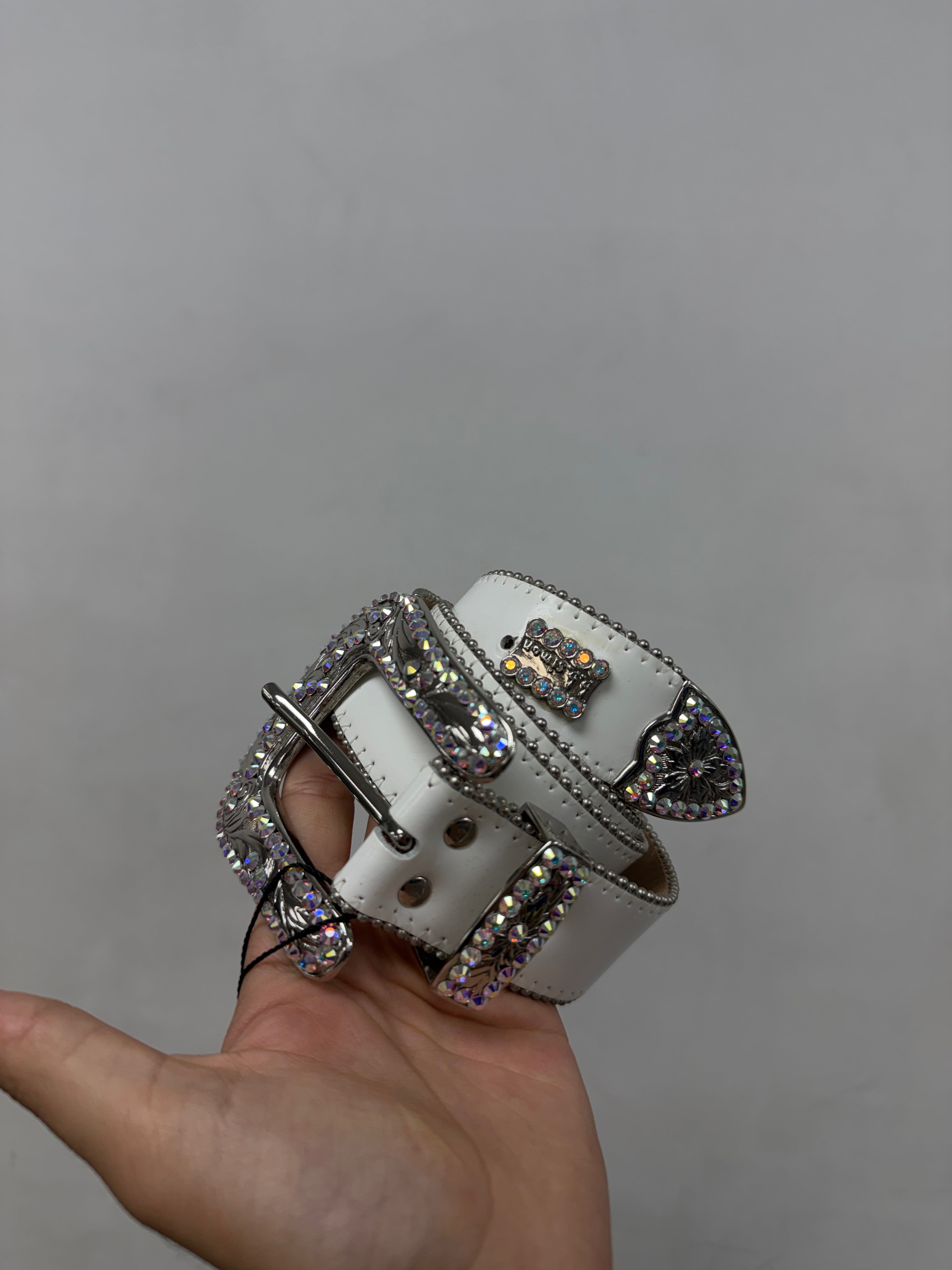 BB Simon White Patent Leather Rhinestone Belt