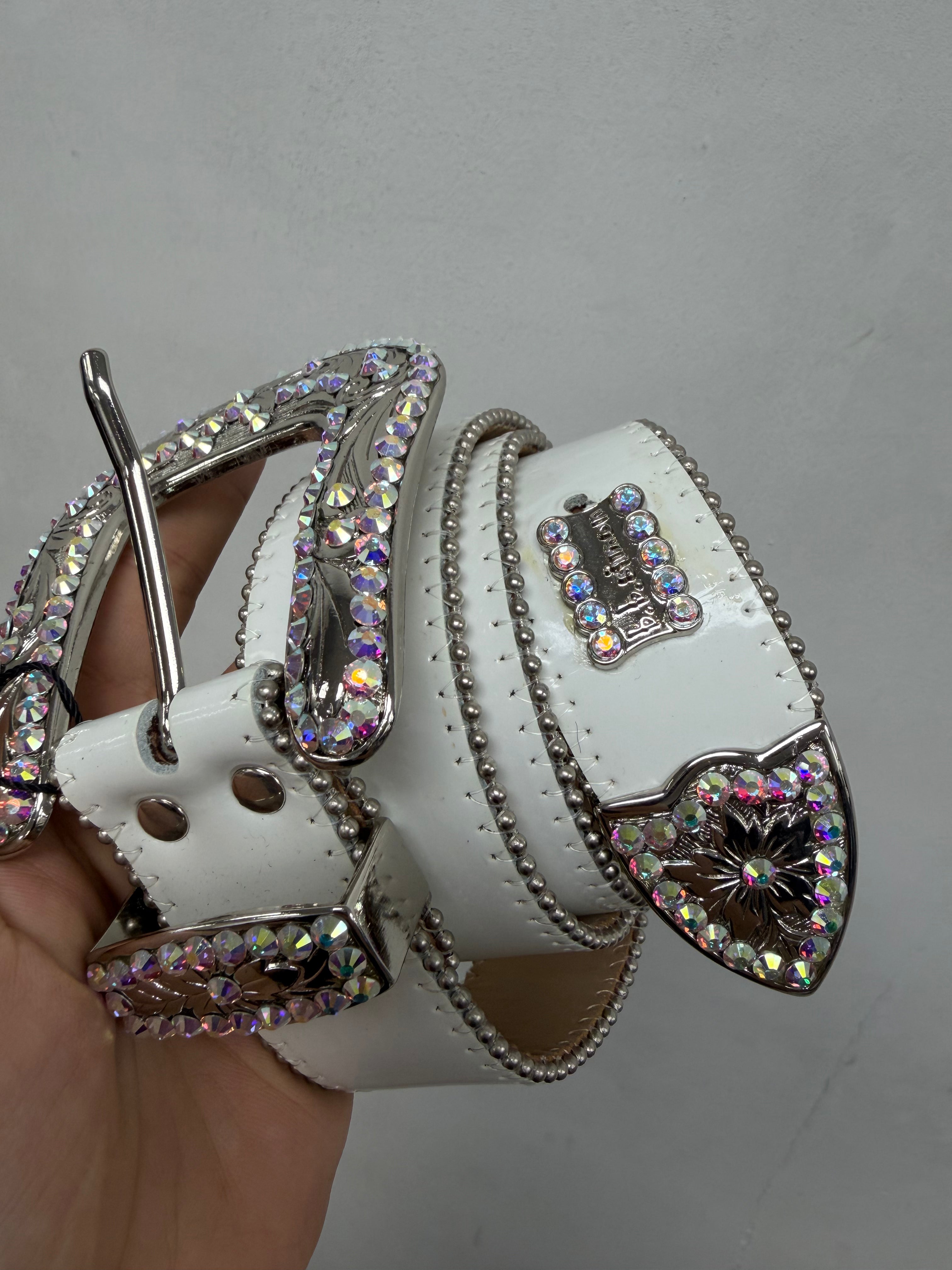 BB Simon White Patent Leather Rhinestone Belt