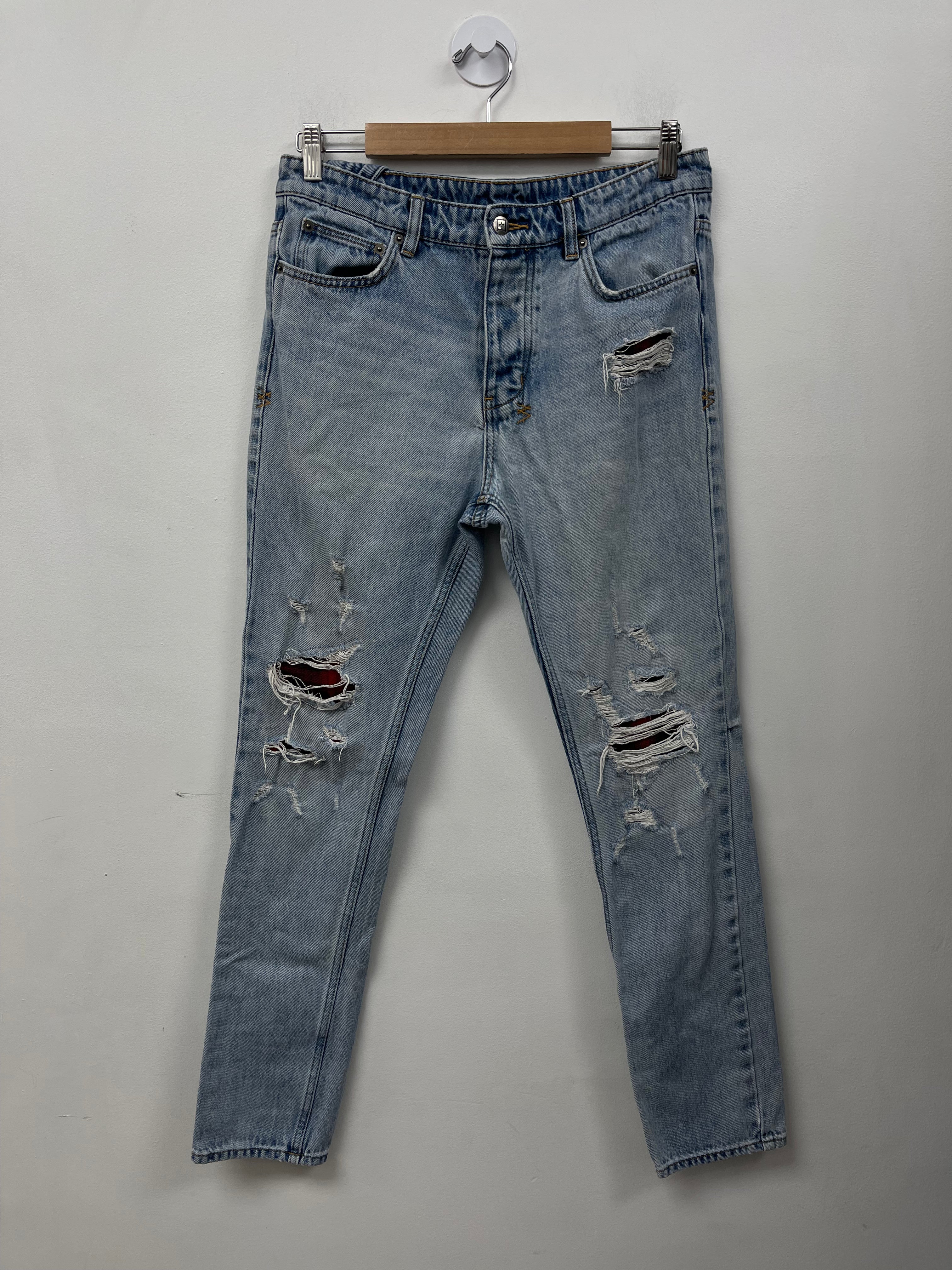 Ksubi Light Wash Navy Red Plaid Patchwork Jeans