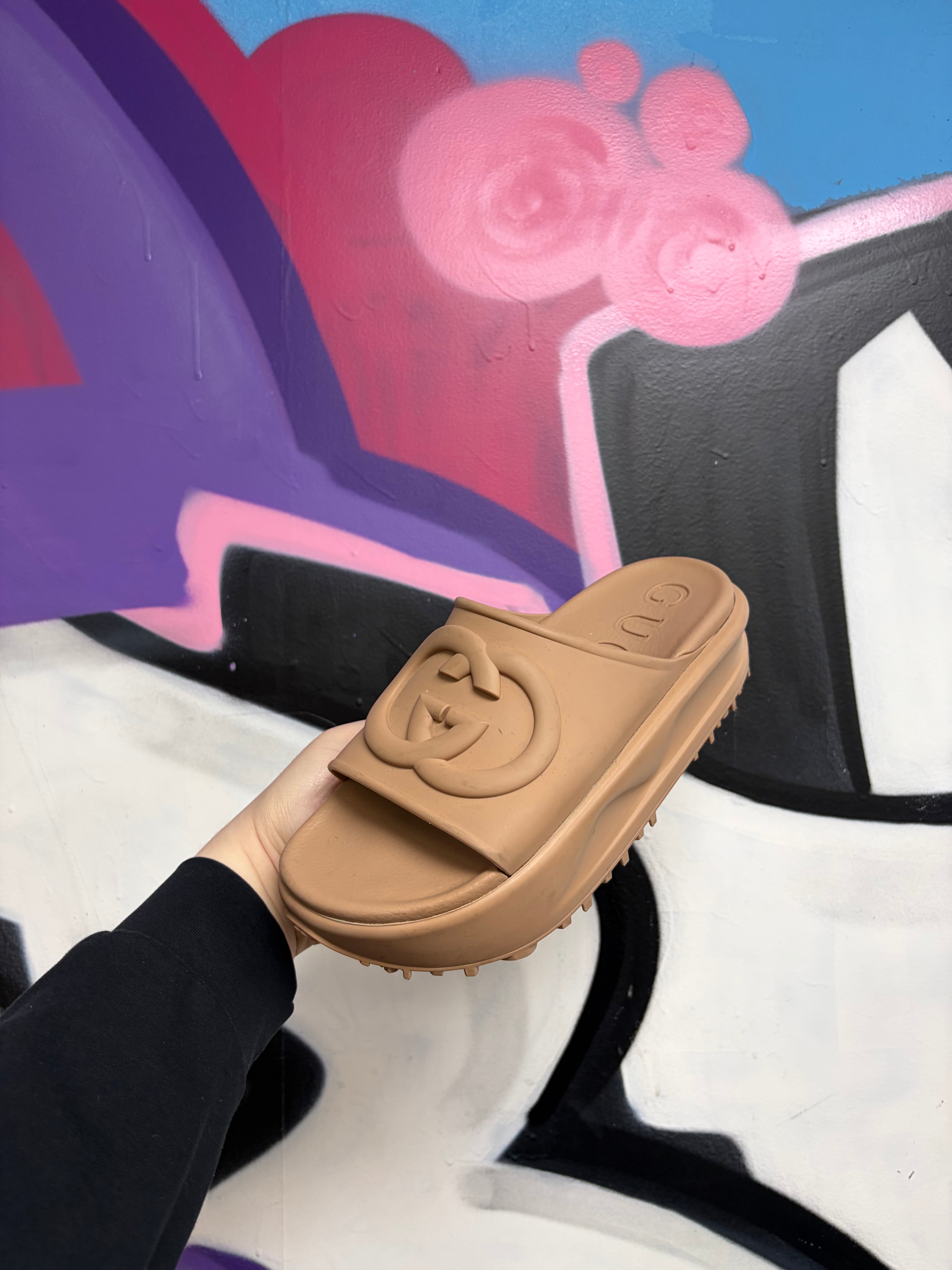 Gucci Tan Rubber GG Logo Slides