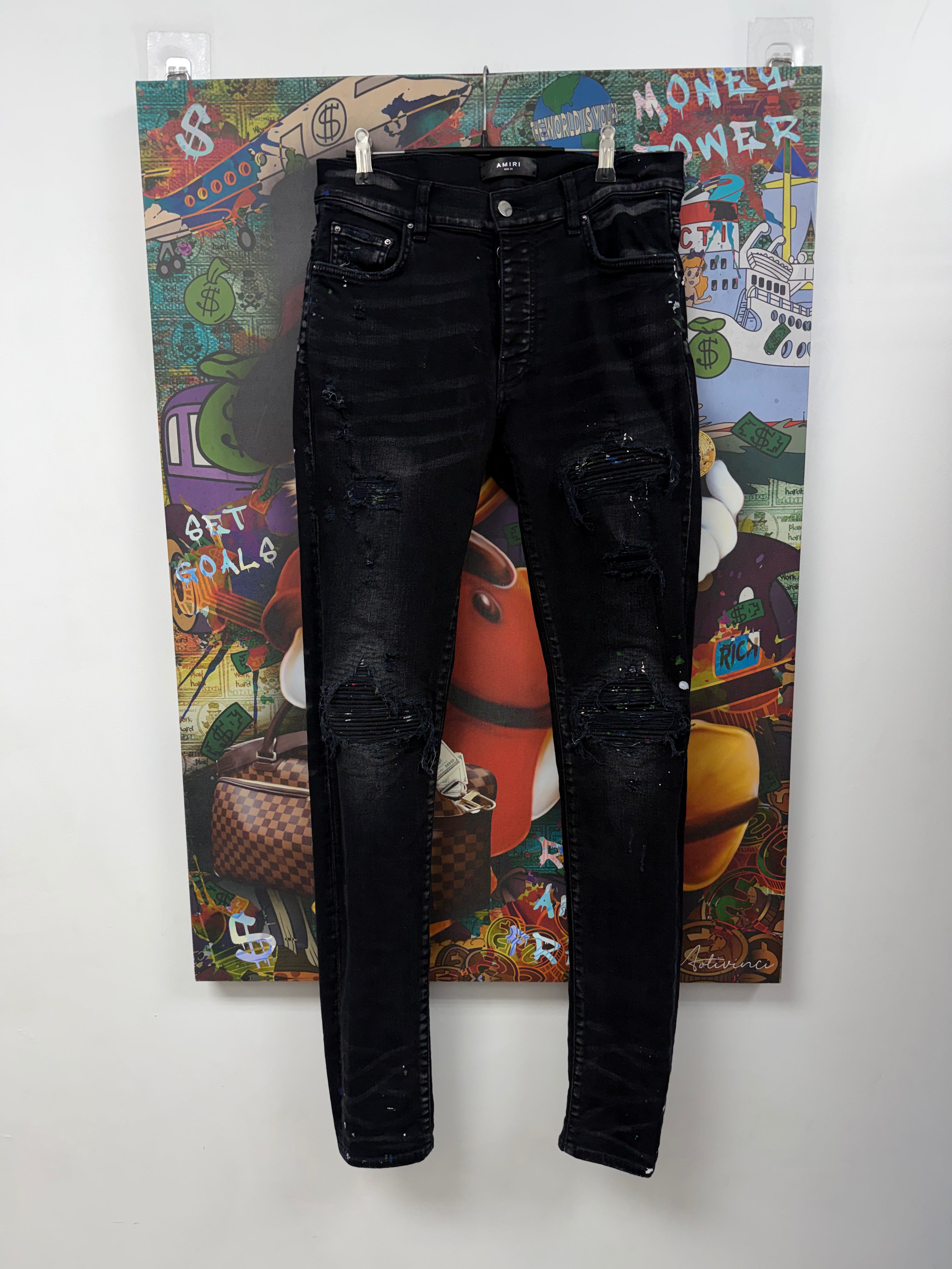 Amiri MX1 Black Wash Denim Splatter Patch Jeans