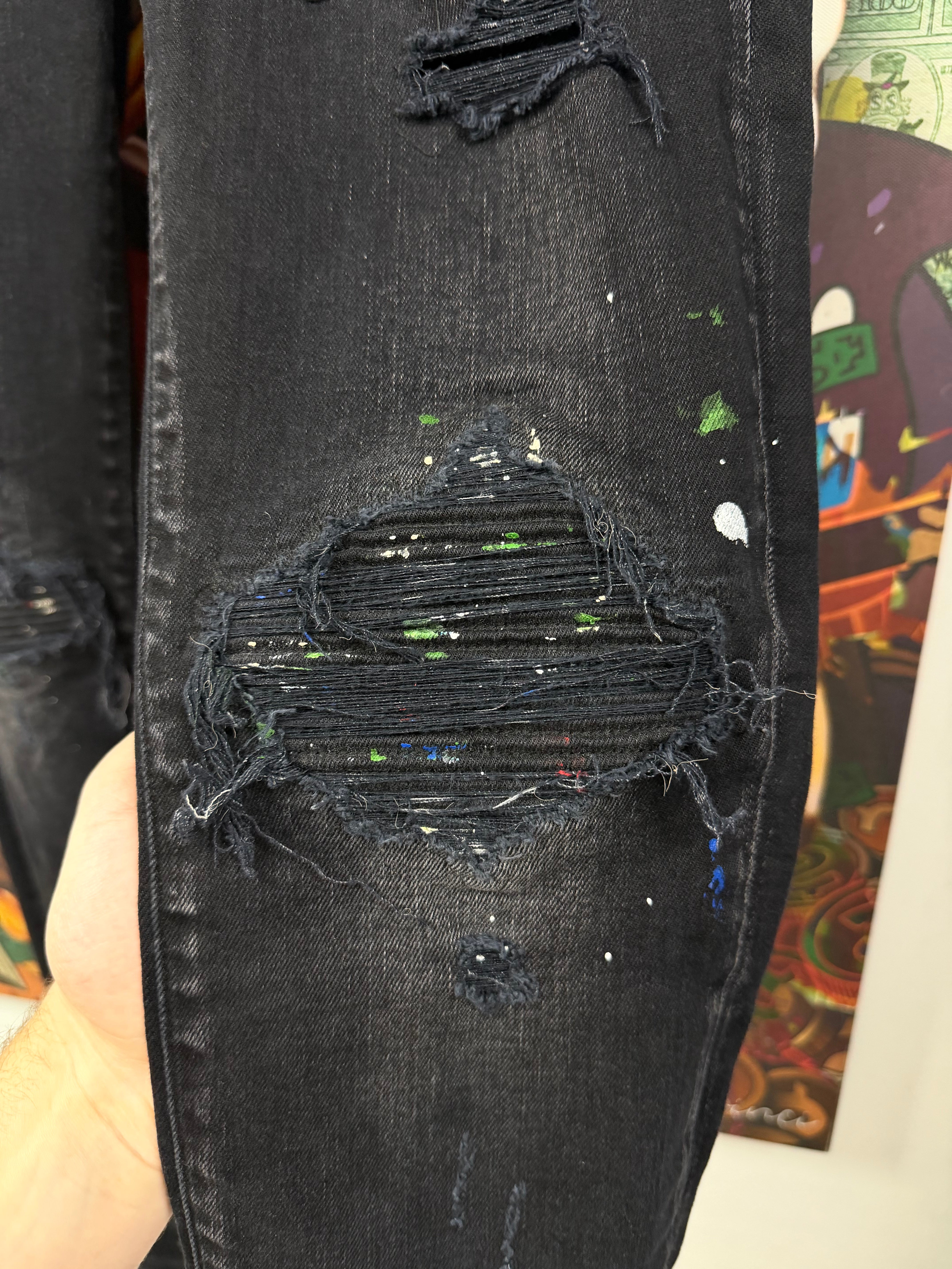 Amiri MX1 Black Wash Denim Splatter Patch Jeans