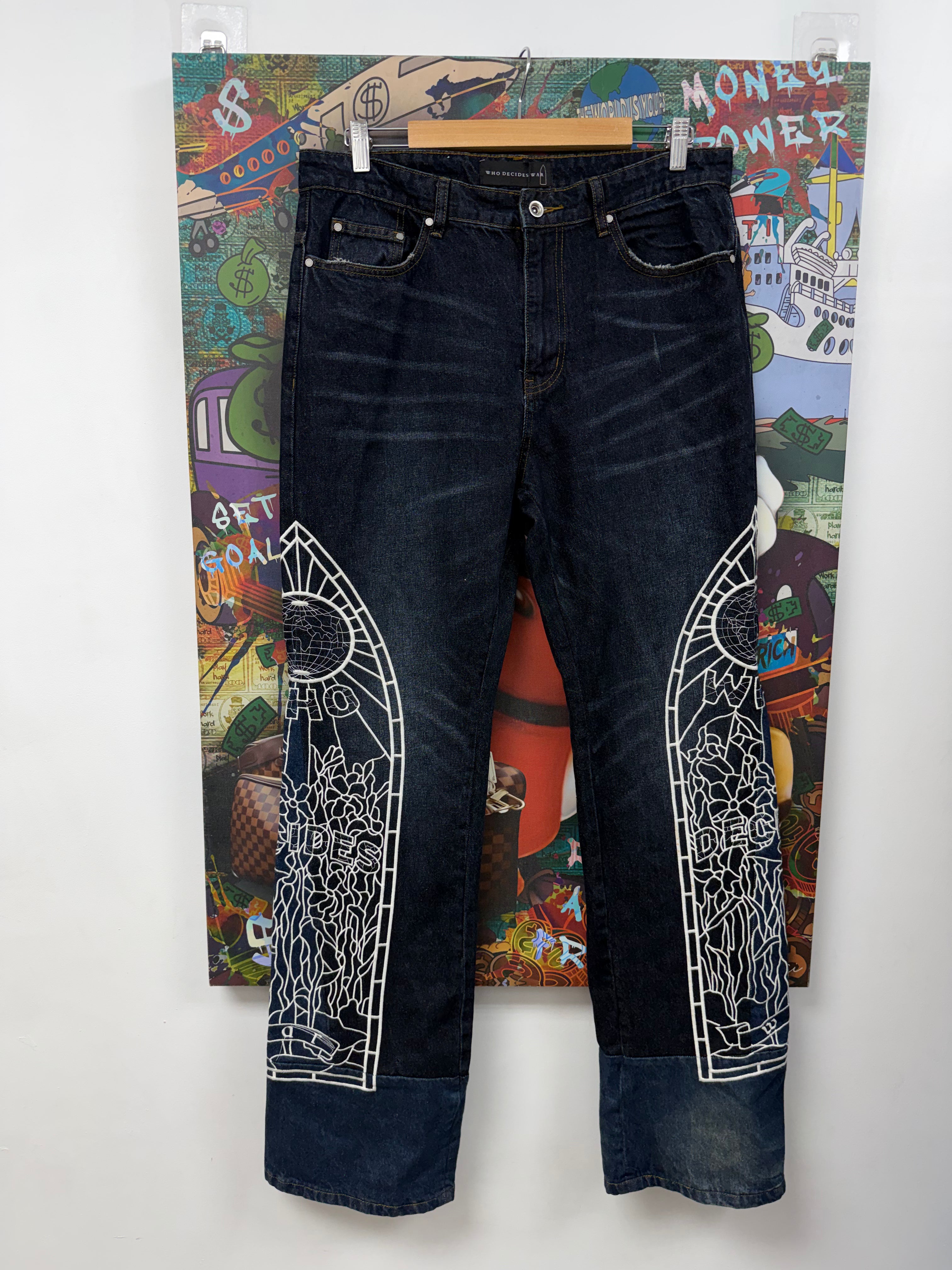 Who Decides War Navy White Embroidered Side Western Jeans