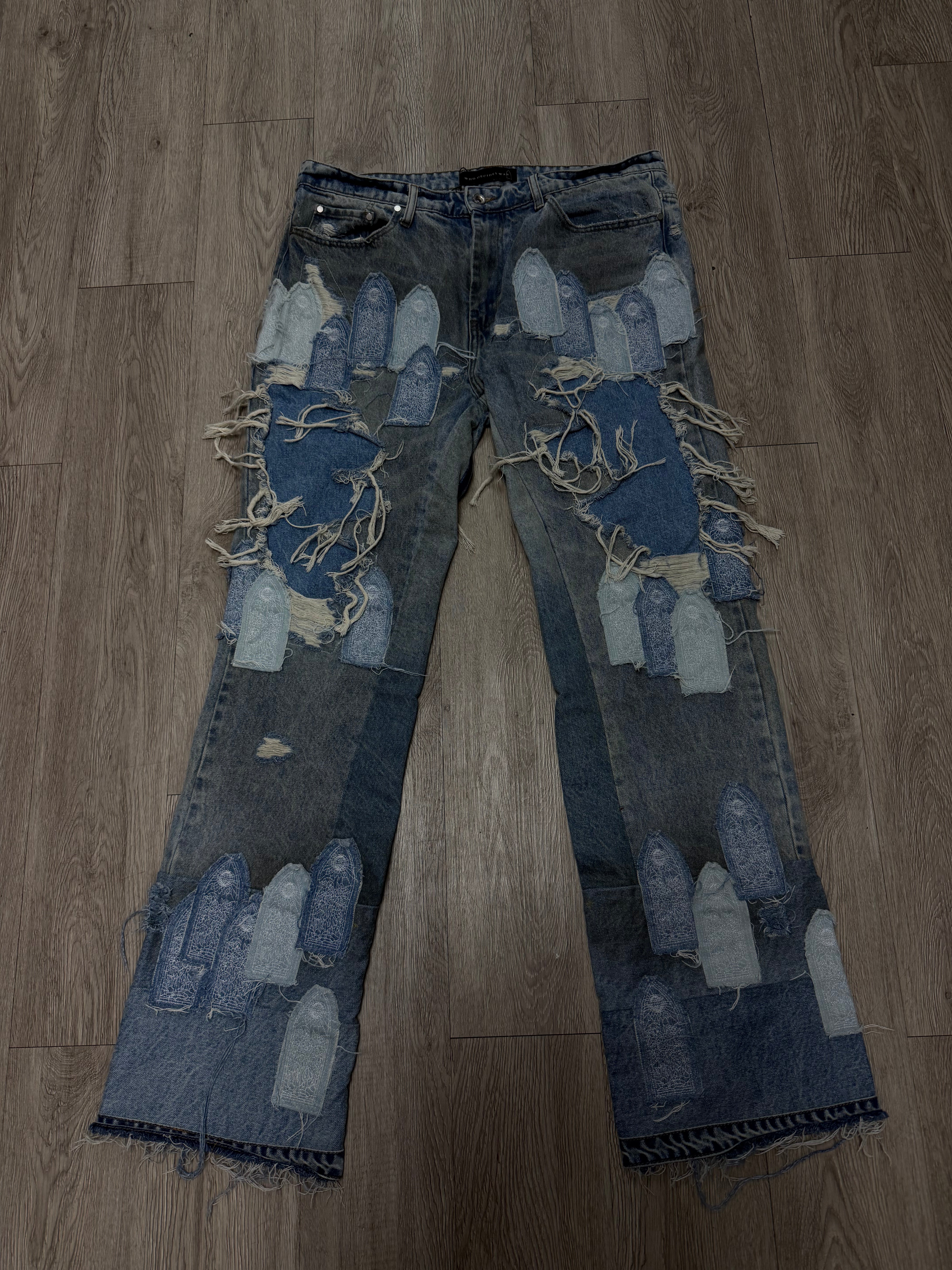 Who Decides War Vintage Wash Denim Patch Jeans