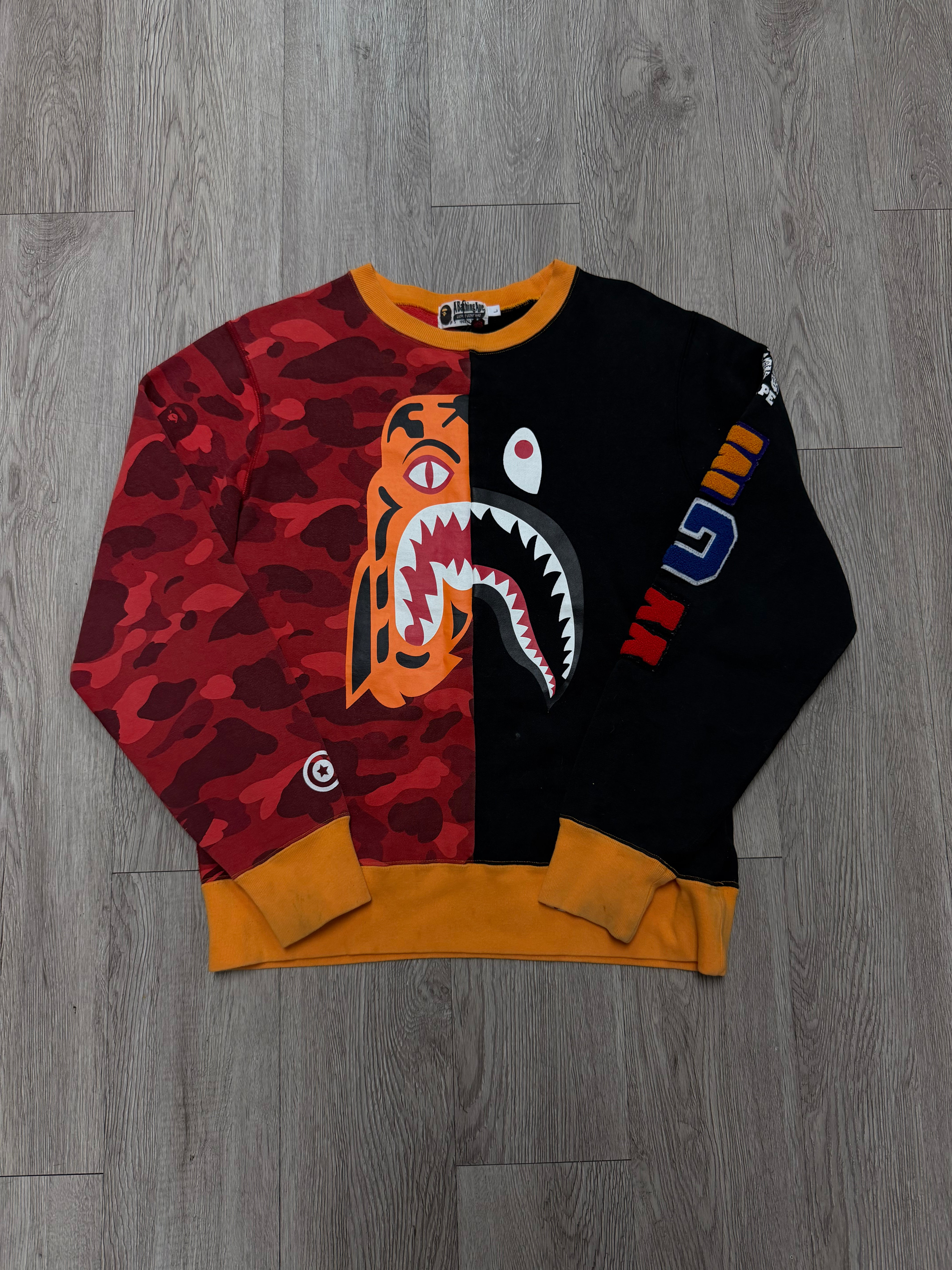 BAPE Red Camo Black Split Tiger Shark Crewneck