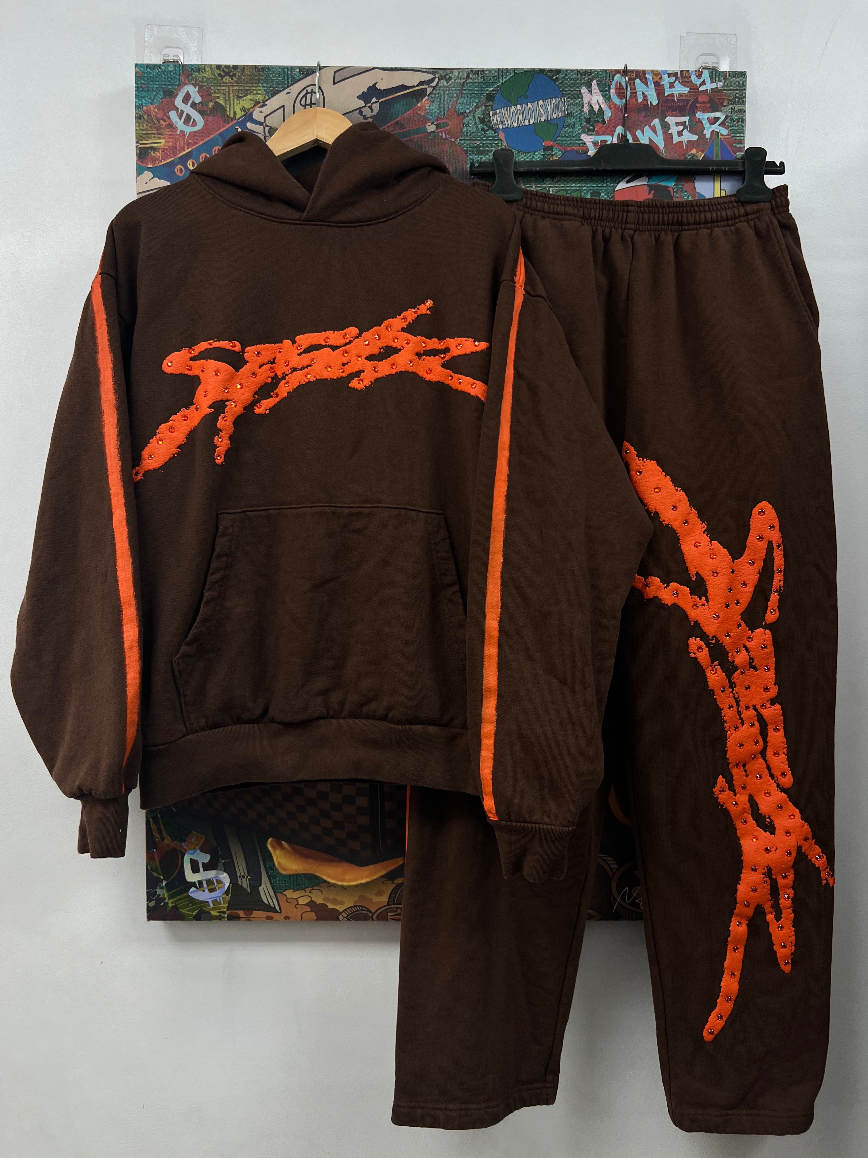 Sp5der Brown Orange Rhinestone Sweatsuit