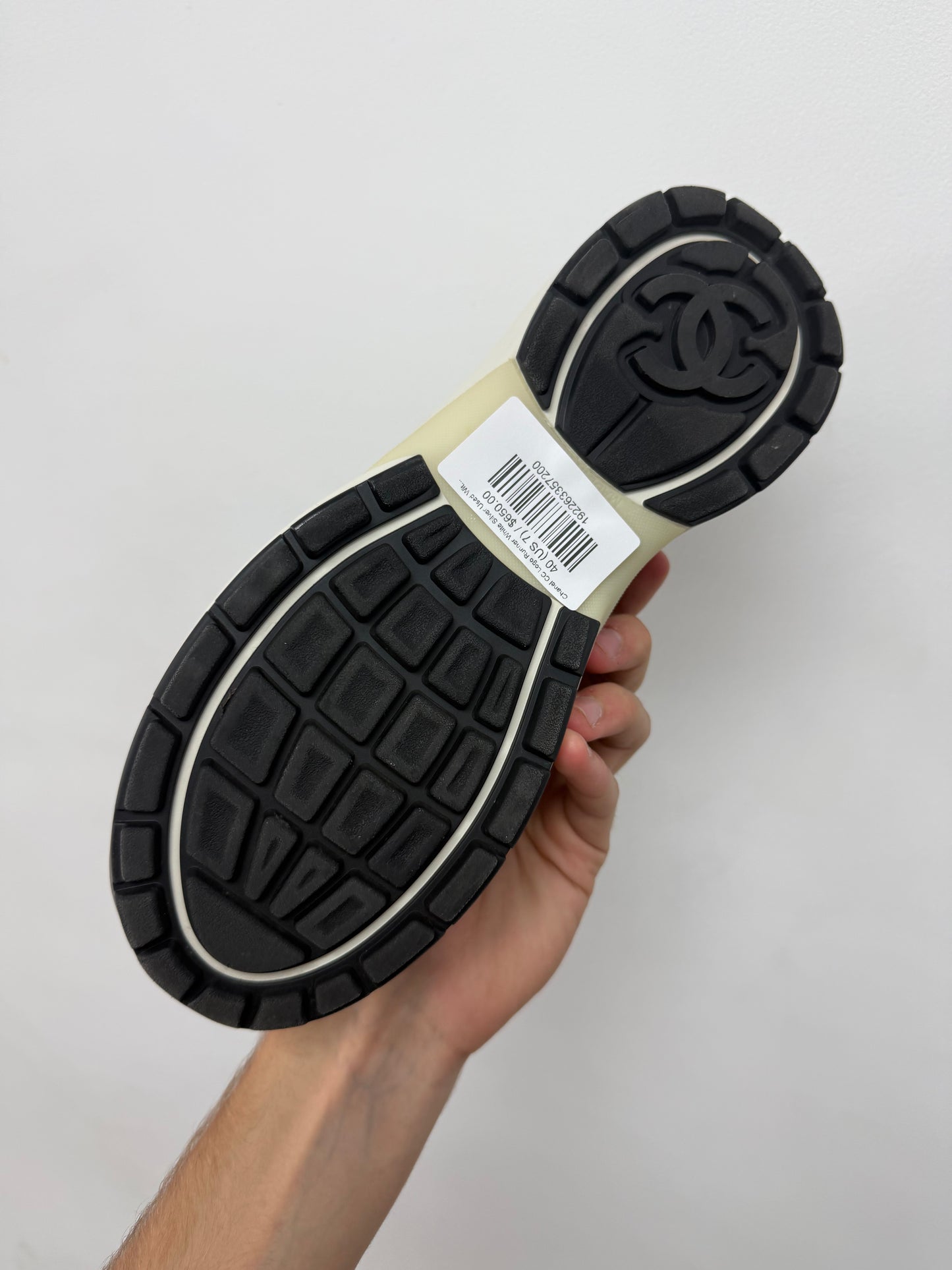 Chanel CC Logo Runner White Silver Used With Box