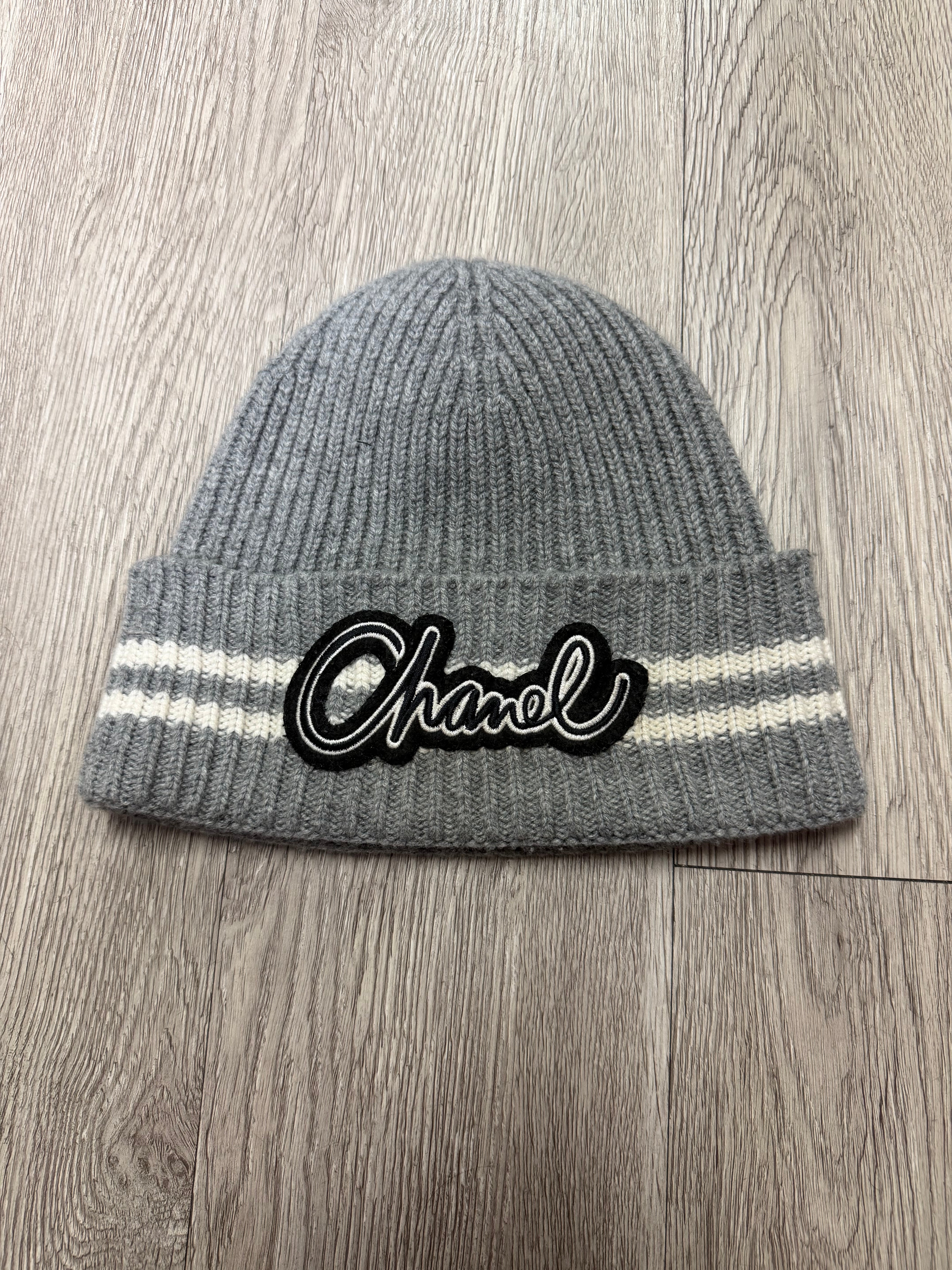 Chanel Grey Black Cream Stripe Script Beanie