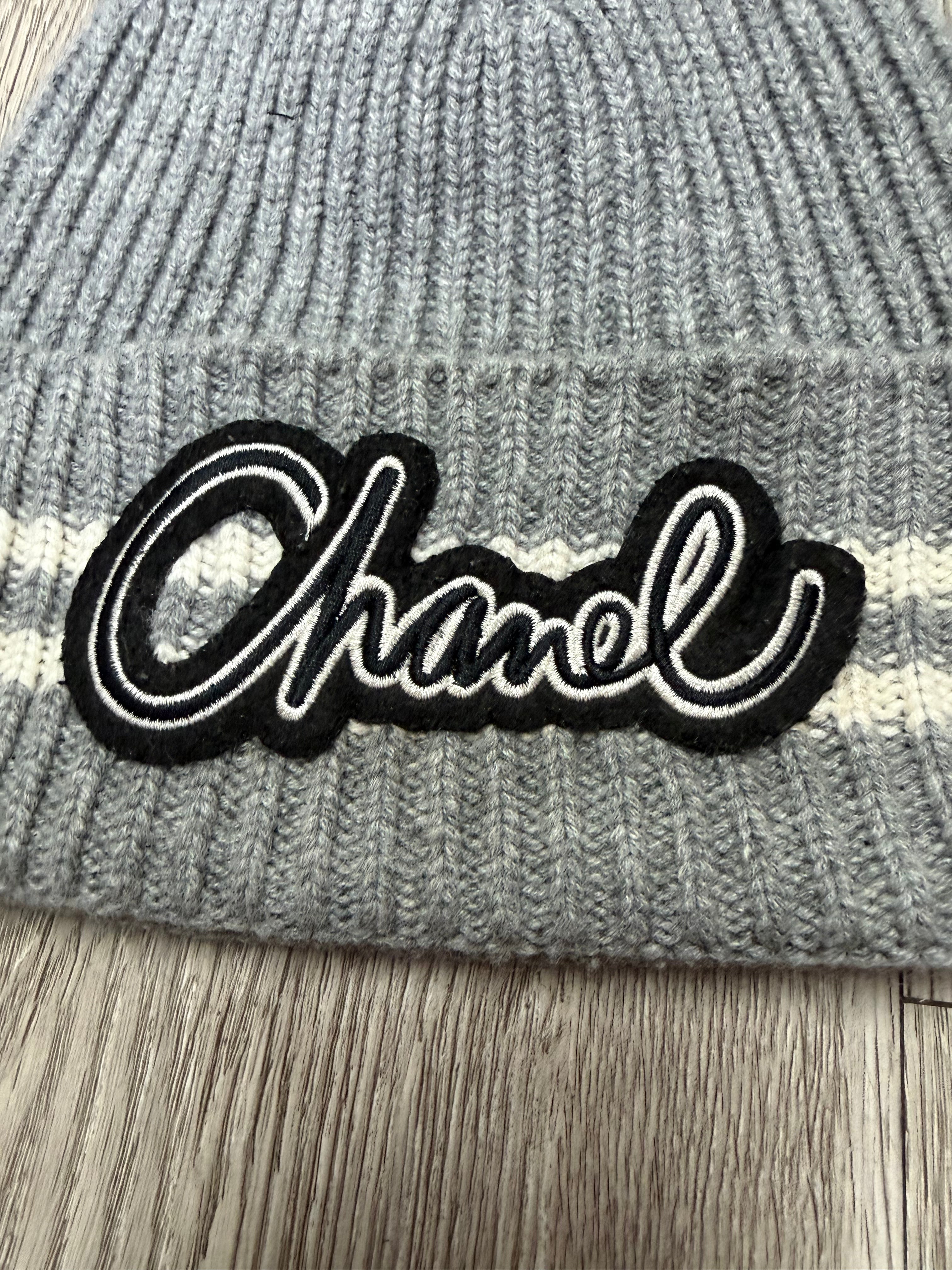 Chanel Grey Black Cream Stripe Script Beanie