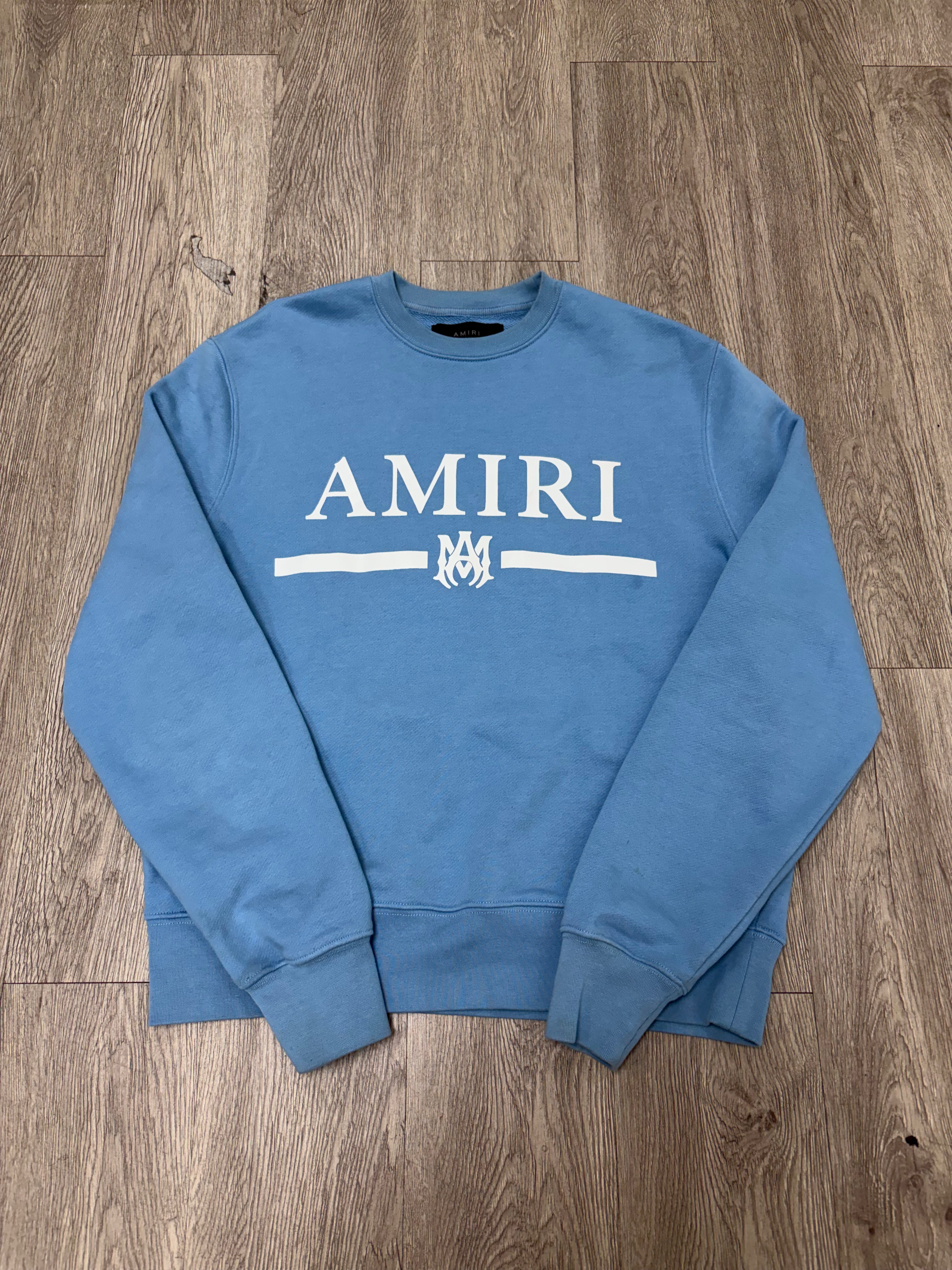 Amiri Baby Blue White MA Bar Logo Crewneck