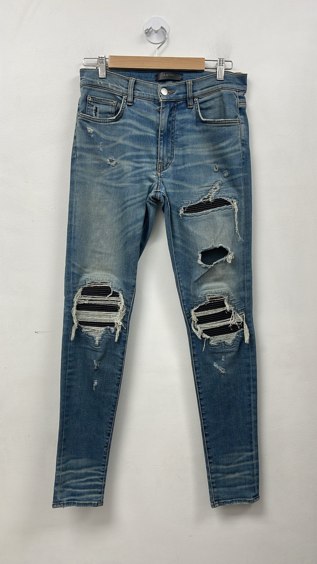 Amiri MX1 Light Wash Black Leather Patch (Old Season Zipper) (Repaired Crotch) Jeans
